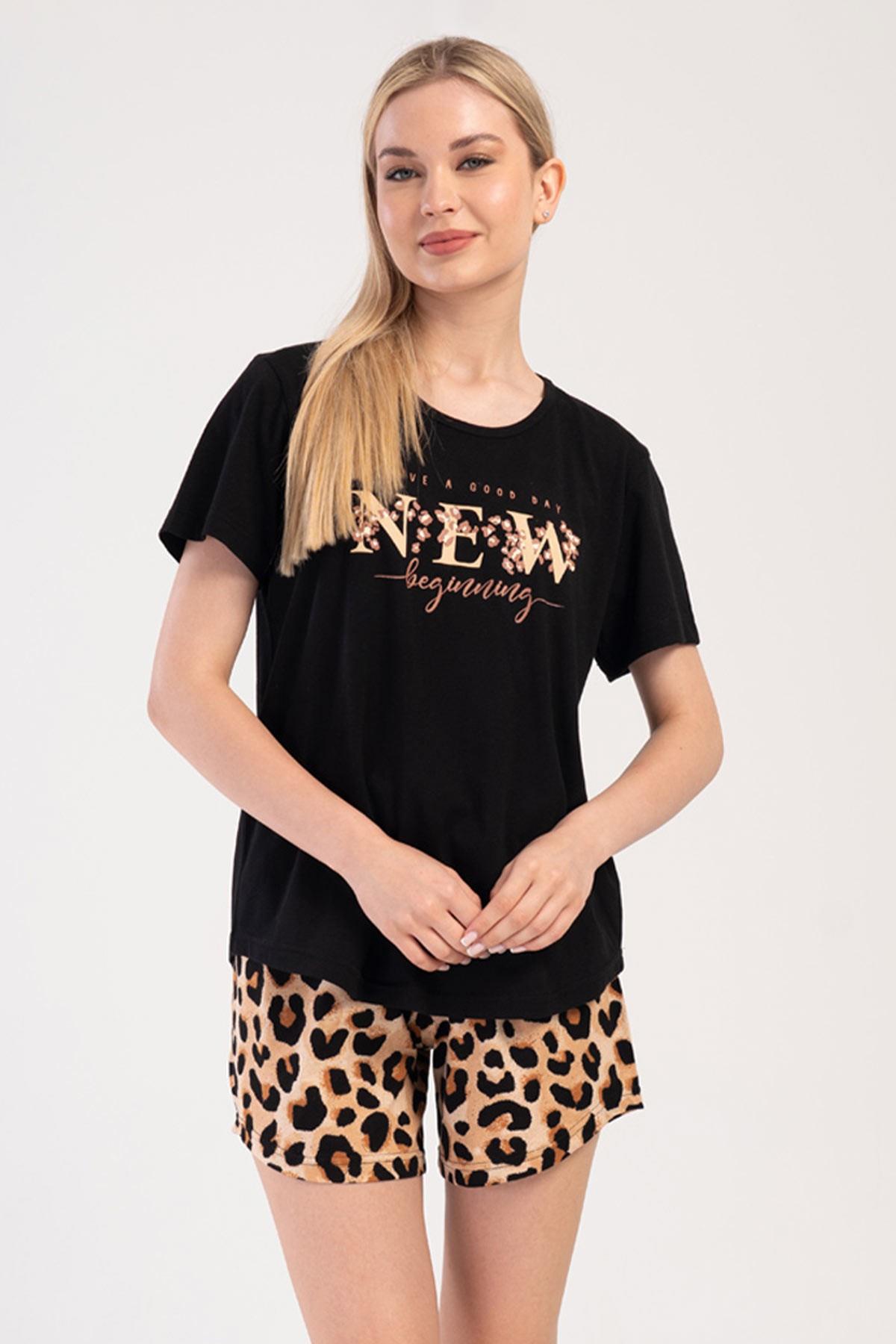 Mısırlı Kadın Pamuklu Büyük Beden Siyah Kısa Kol Şort Pijama Takımı