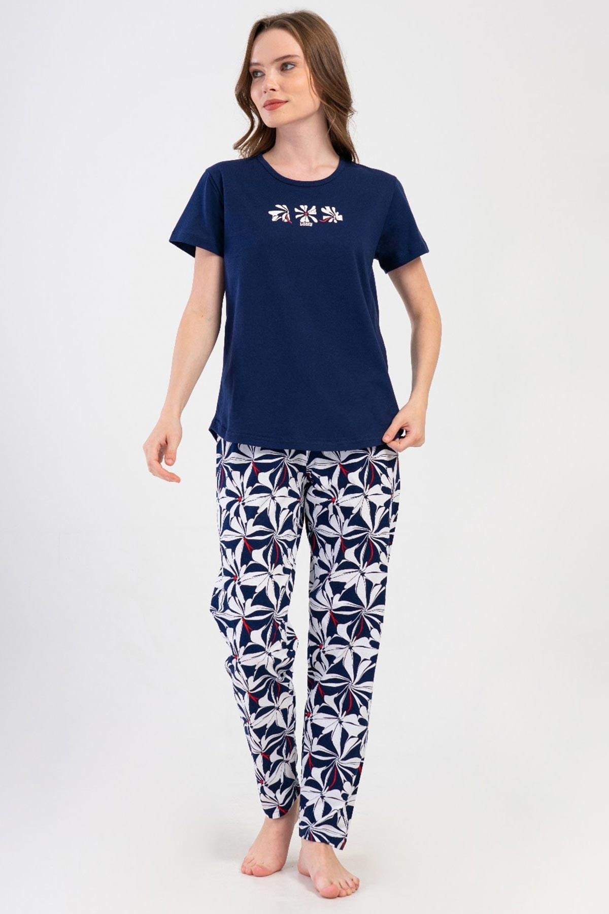 Mısırlı Kadın Pamuklu Lacivert Kısa Kollu Pijama Takımı