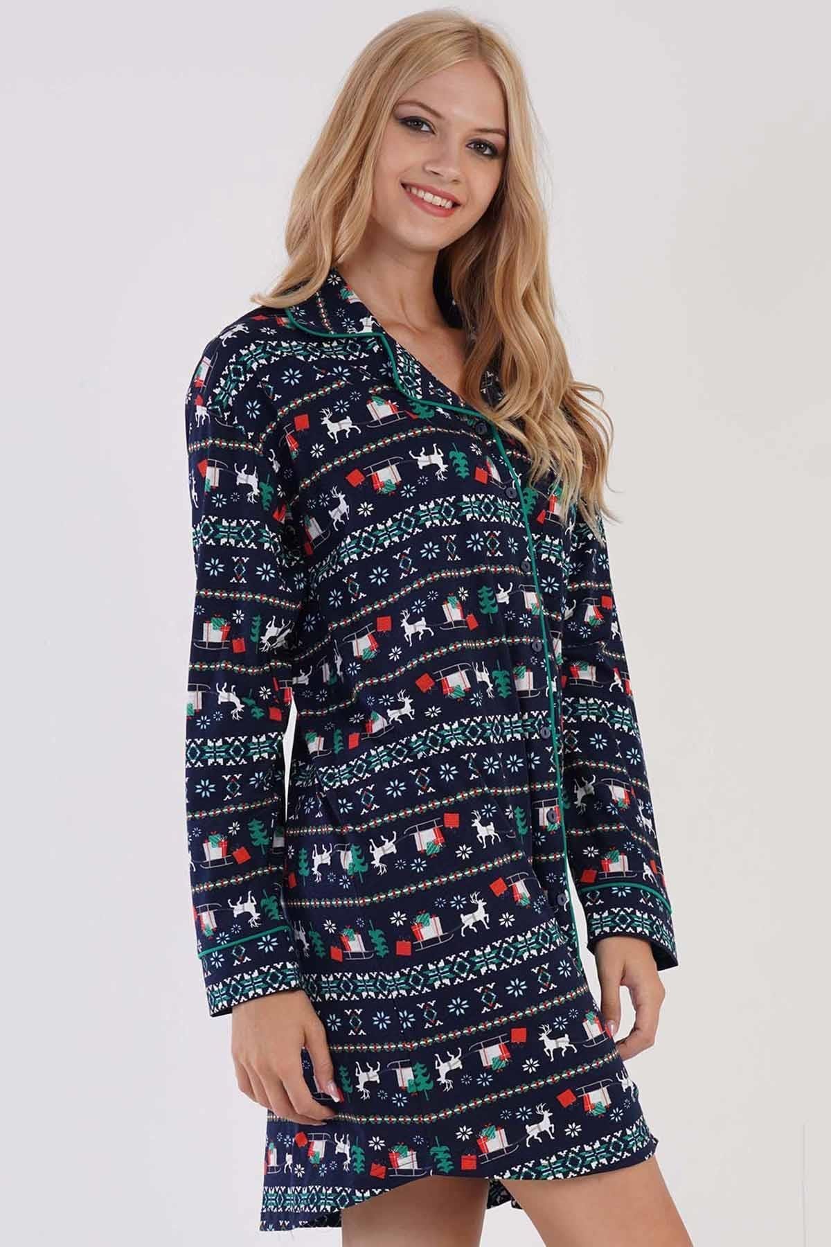 Mısırlı Kadın Pamuklu Uzun Kollu İndigo Düğmeli Pijama