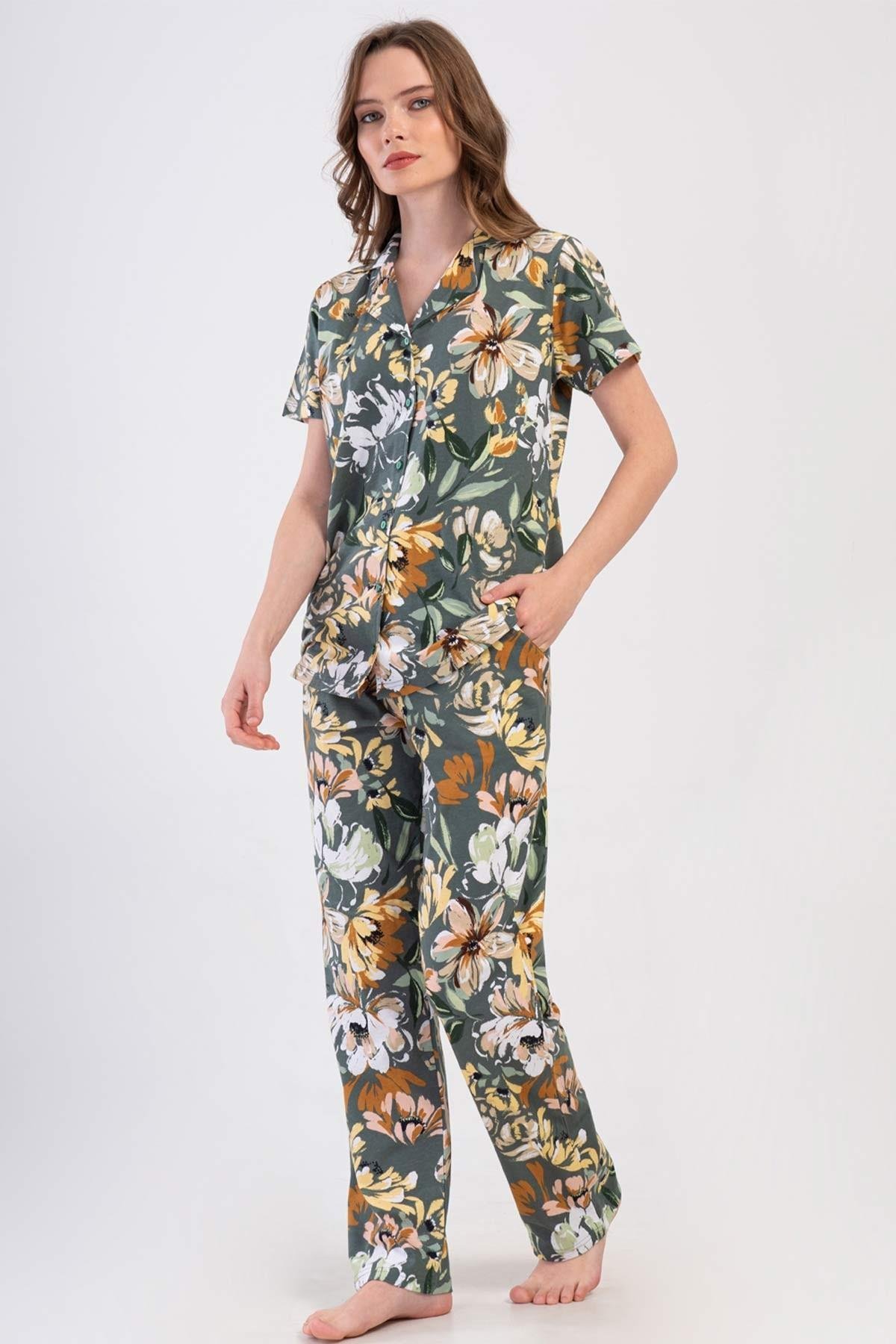 Mısırlı Kadın Pamuklu Yeşil Kısa Kollu Pijama Takımı