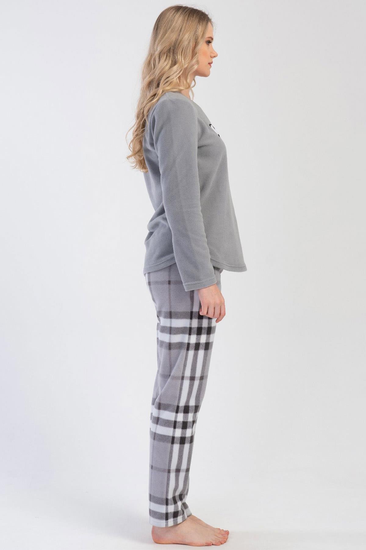 Mısırlı Kadın Polar Uzun Kollu Gri Pijama Takımı