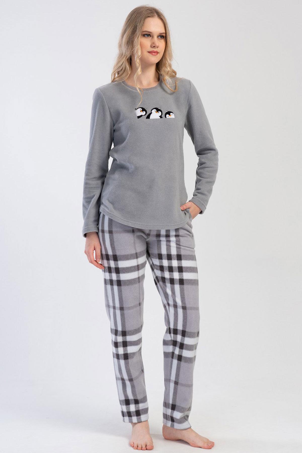 Mısırlı Kadın Polar Uzun Kollu Gri Pijama Takımı