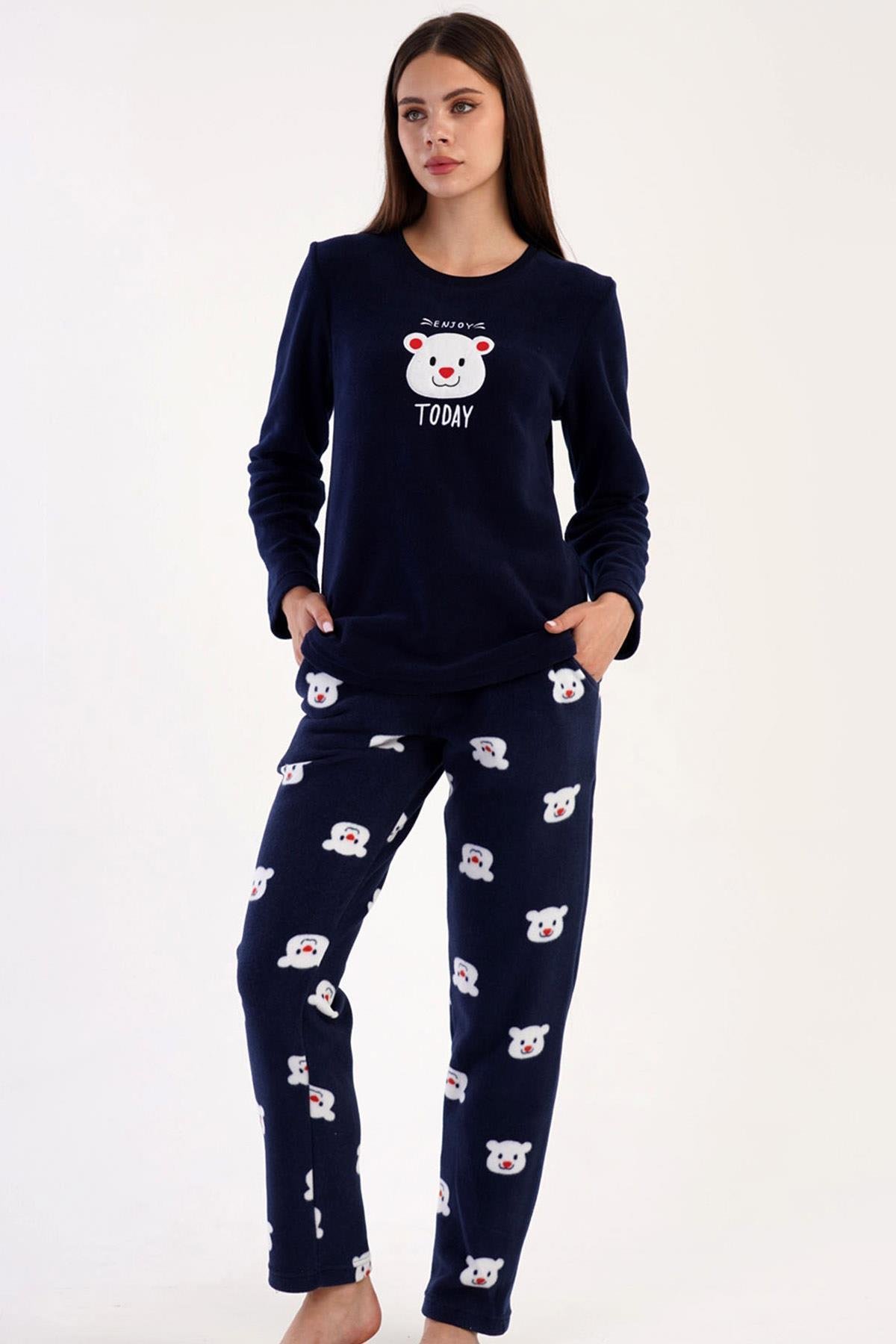Mısırlı Kadın Polar Uzun Kollu Lacivert Pijama Takımı