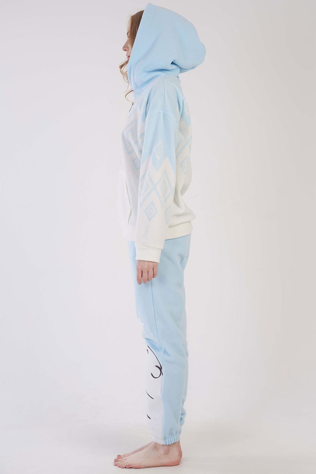 Mısırlı Kadın Polar Uzun Kollu Mavi Pijama Takımı