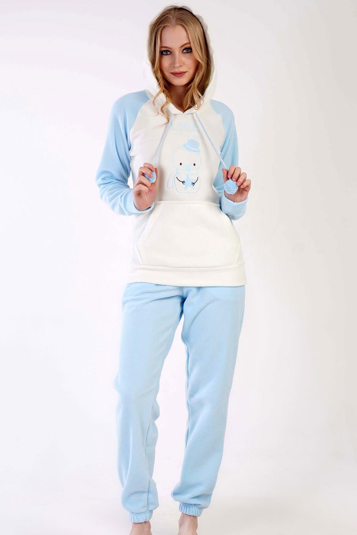 Mısırlı Kadın Polar Uzun Kollu Mavi Pijama Takımı