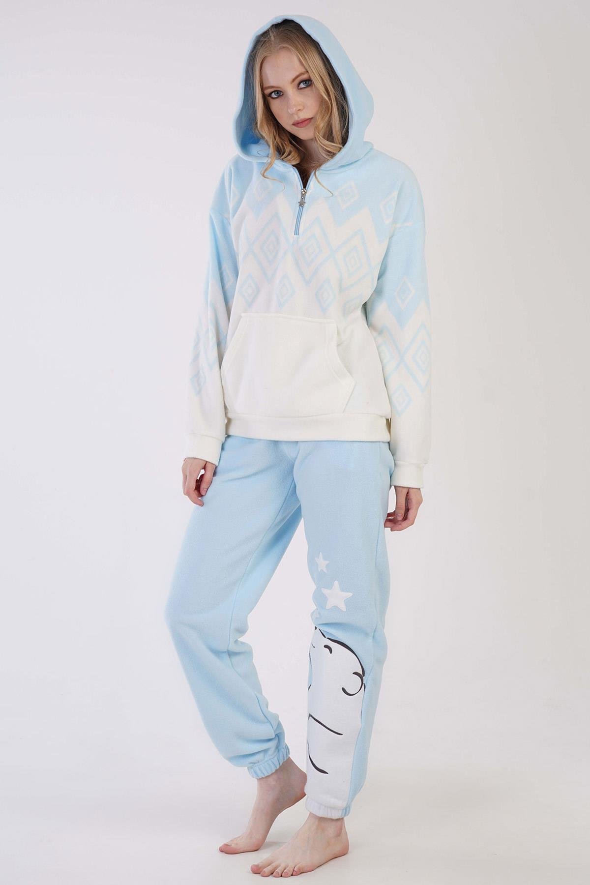 Mısırlı Kadın Polar Uzun Kollu Mavi Pijama Takımı