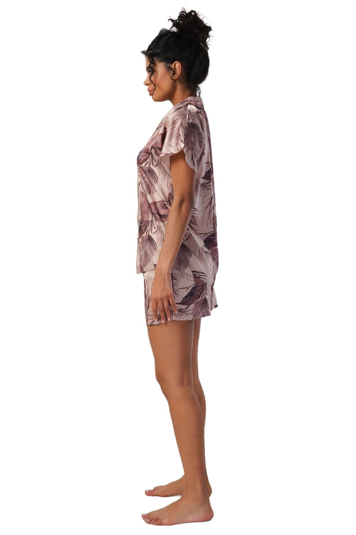 Mısırlı Kadın Saten Krem Kısa Kollu Şort Pijama Takımı