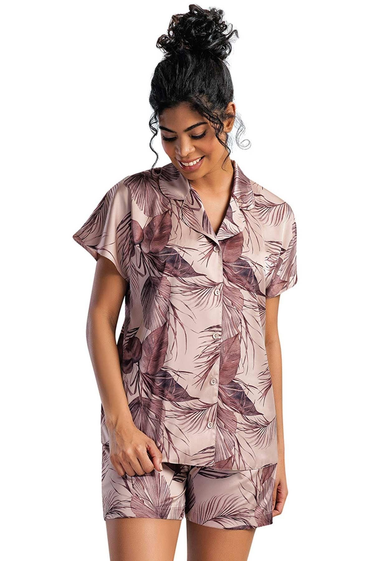 Mısırlı Kadın Saten Krem Kısa Kollu Şort Pijama Takımı