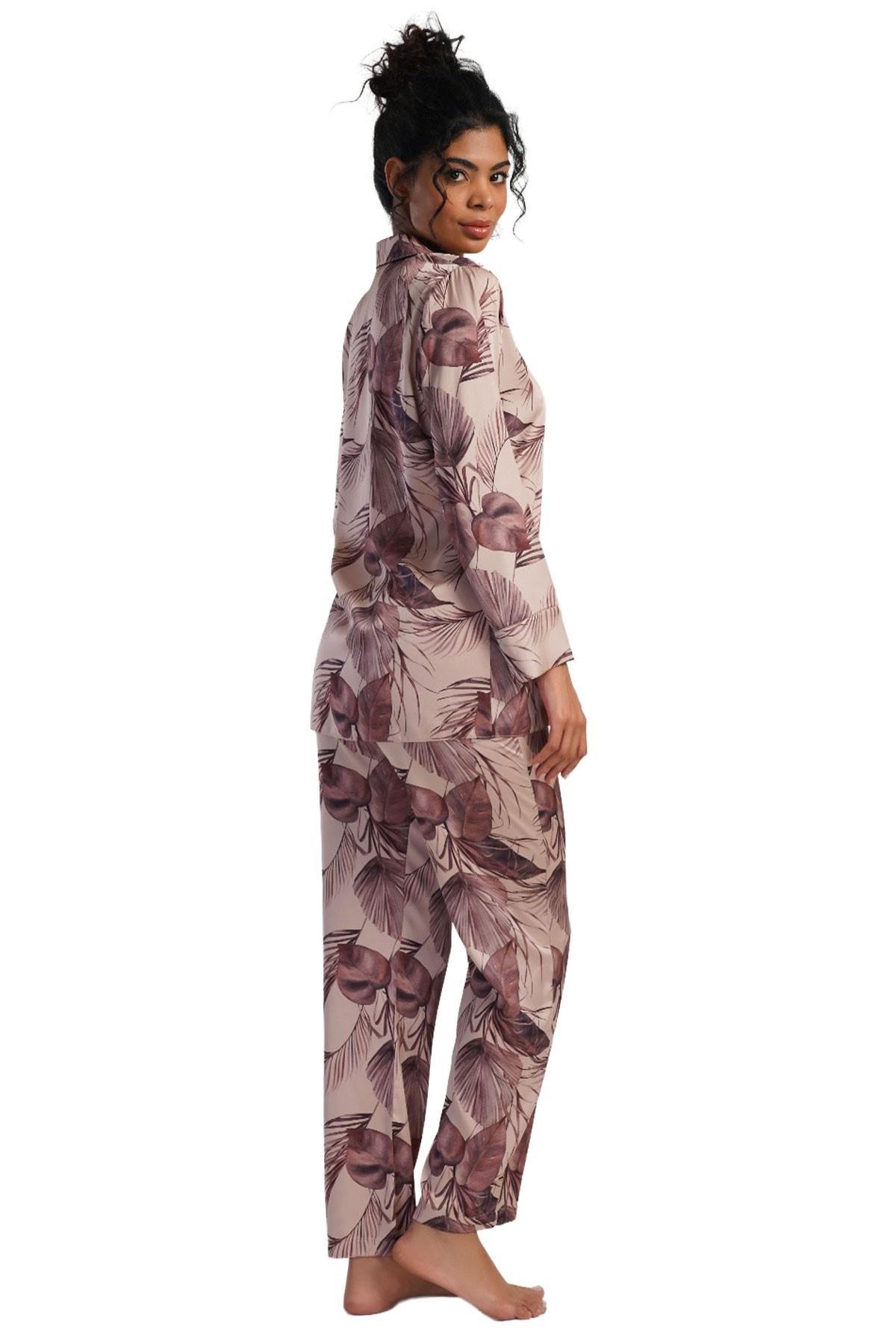 Mısırlı Kadın Saten Krem Uzun Kollu Gömlek Pijama Takımı