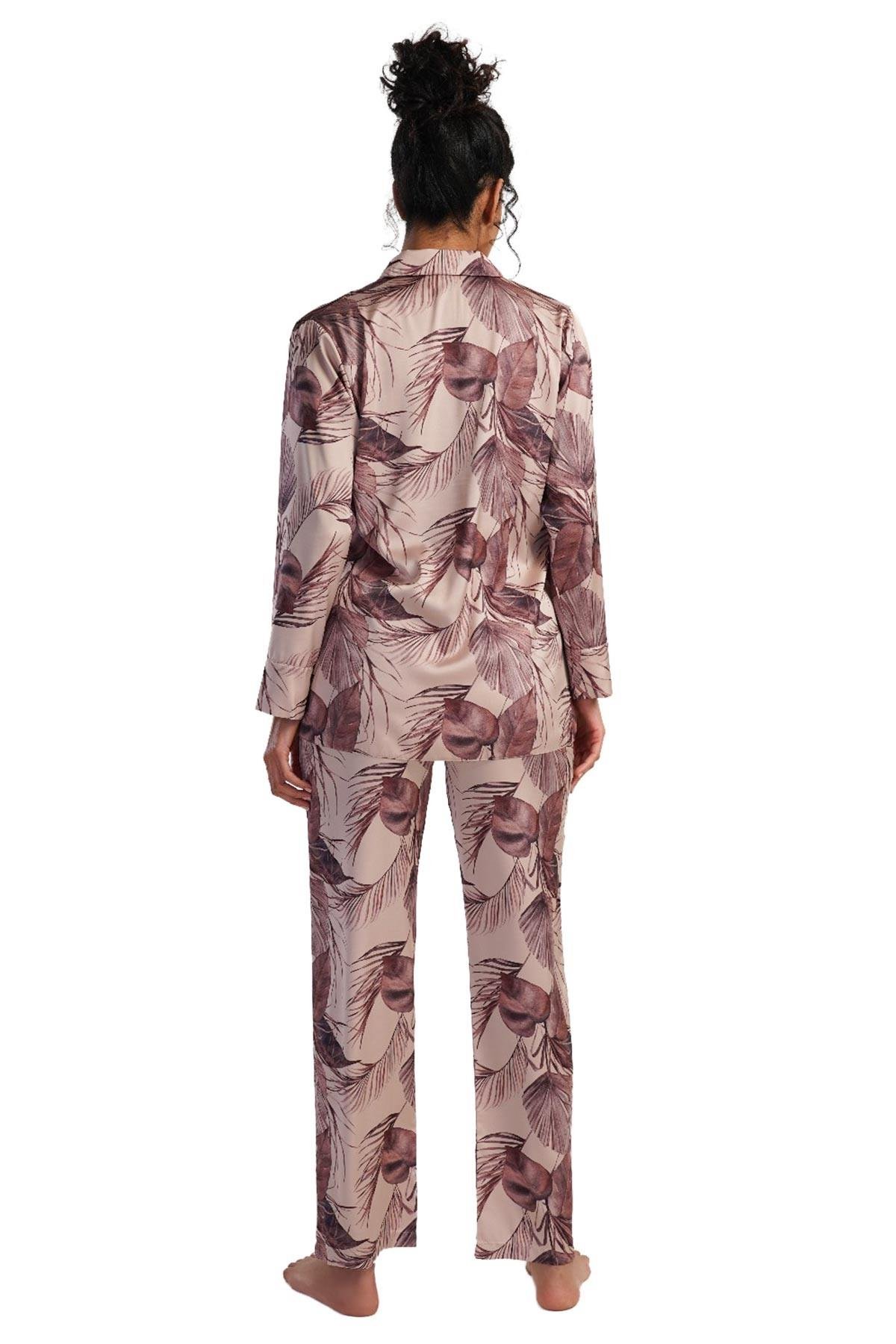 Mısırlı Kadın Saten Krem Uzun Kollu Gömlek Pijama Takımı