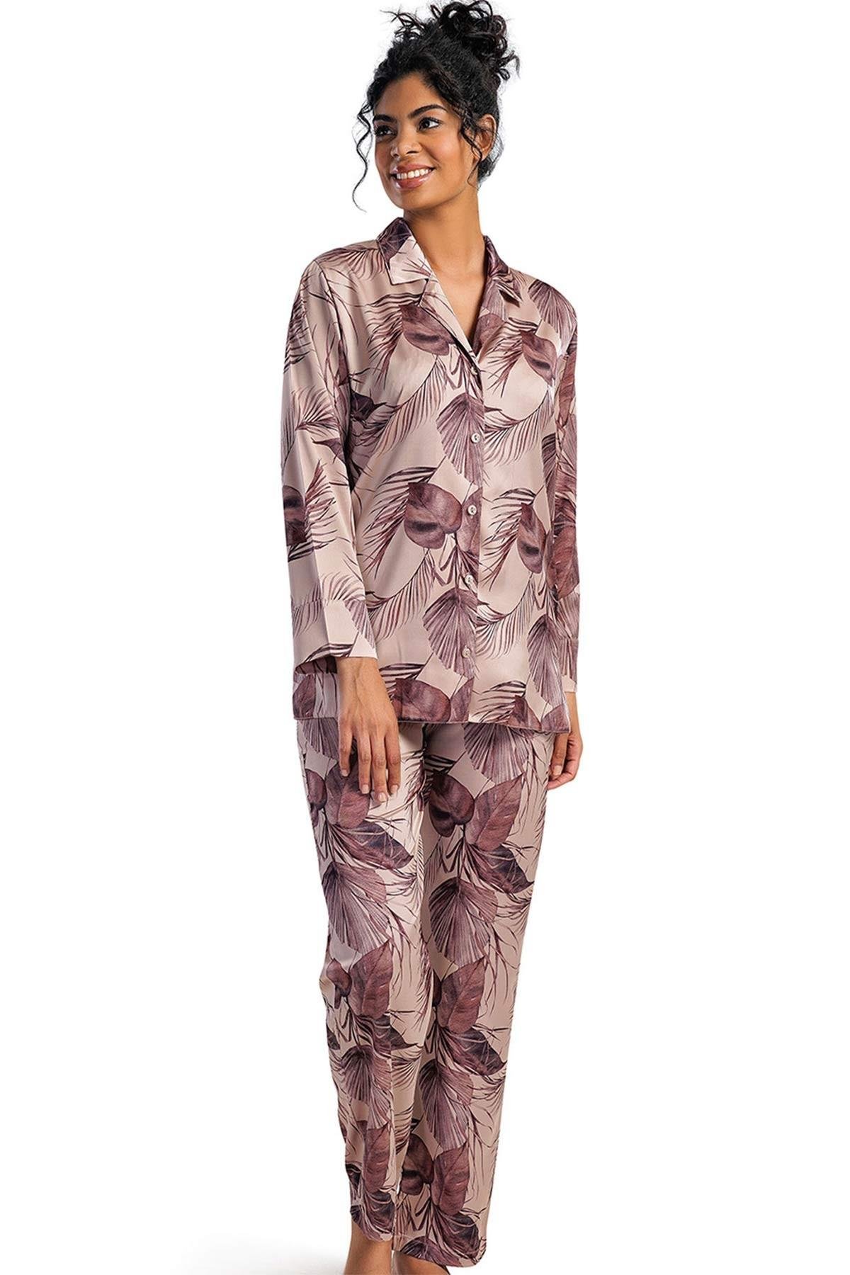 Mısırlı Kadın Saten Krem Uzun Kollu Gömlek Pijama Takımı