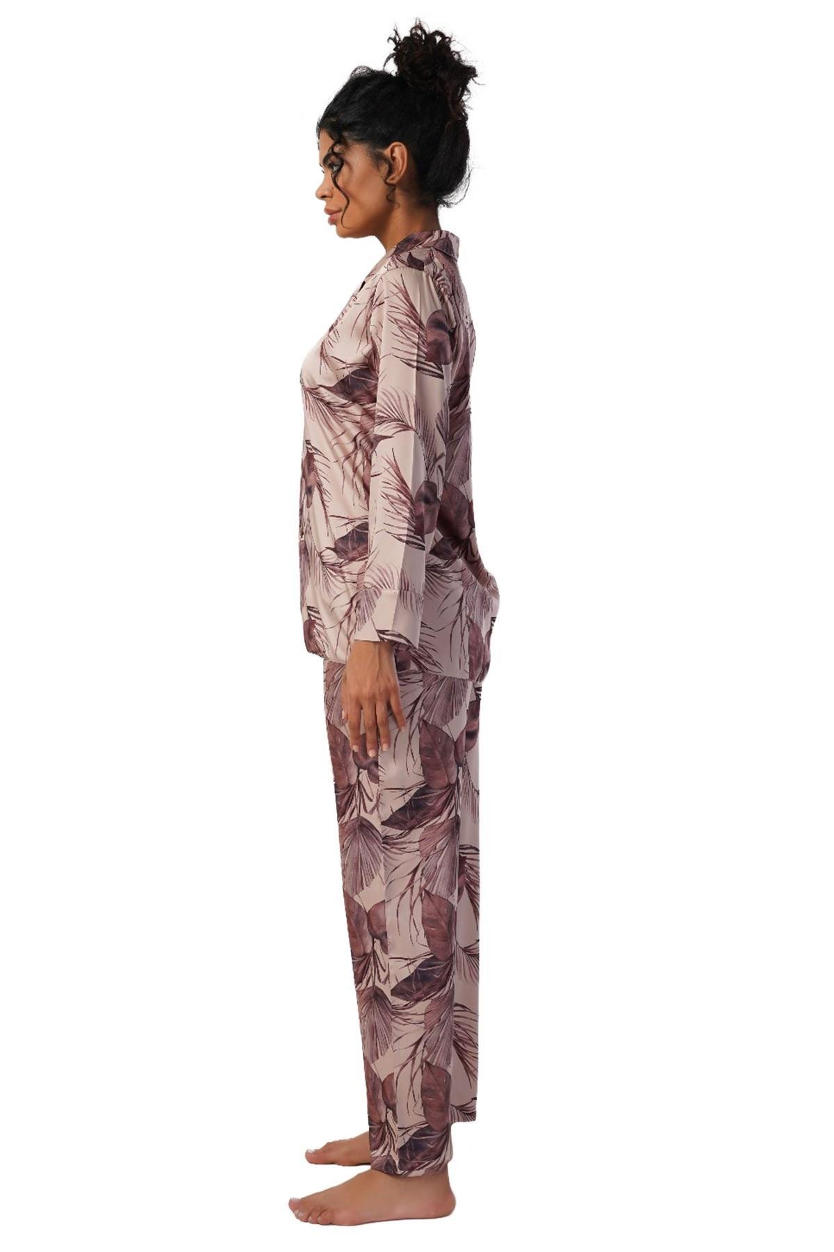 Mısırlı Kadın Saten Krem Uzun Kollu Gömlek Pijama Takımı