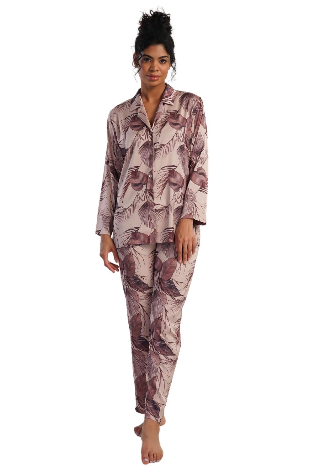 Mısırlı Kadın Saten Krem Uzun Kollu Gömlek Pijama Takımı