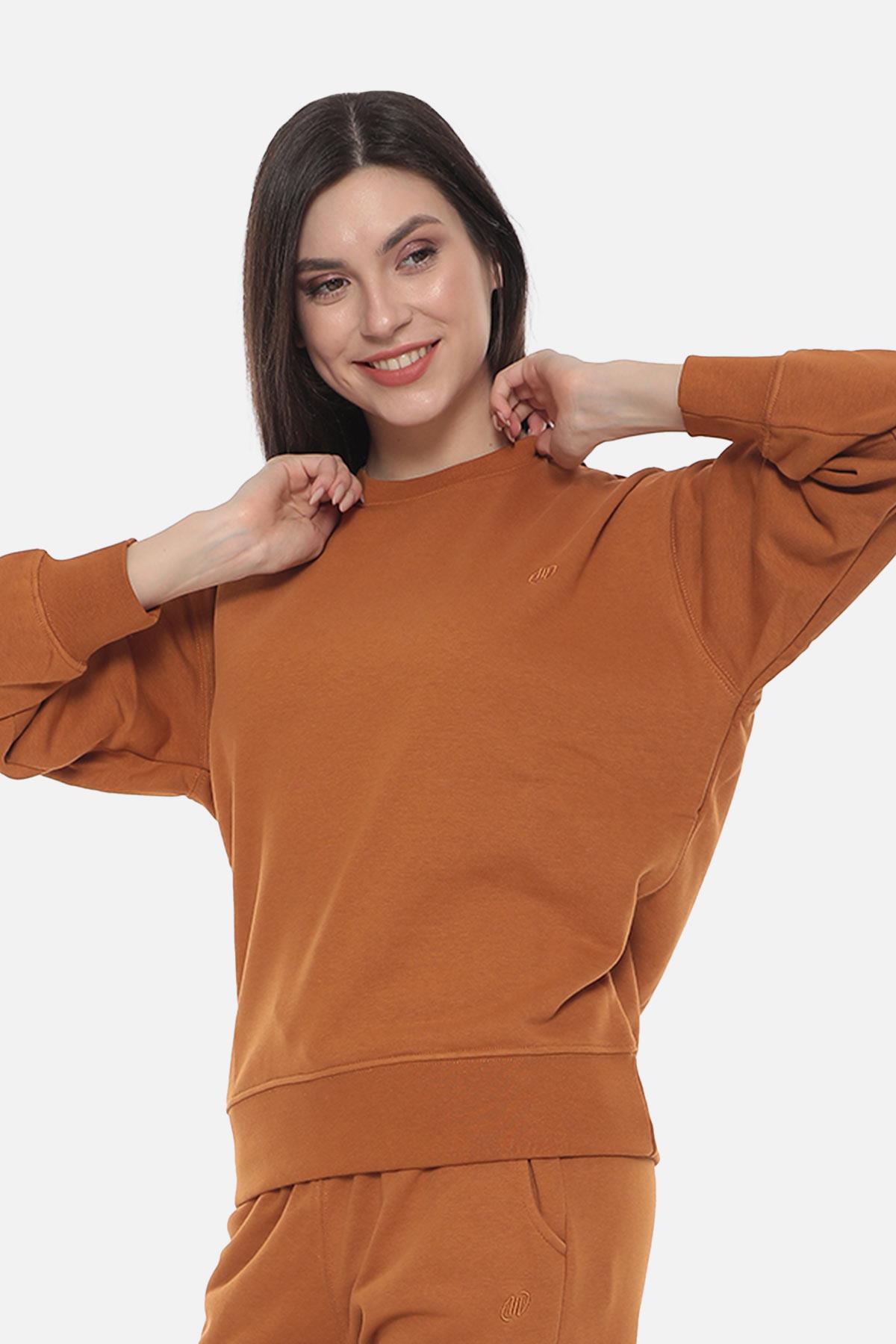 Mısırlı Kadın Üç İplik Oversize Bisiklet Yaka Tobacco Sweatshirt