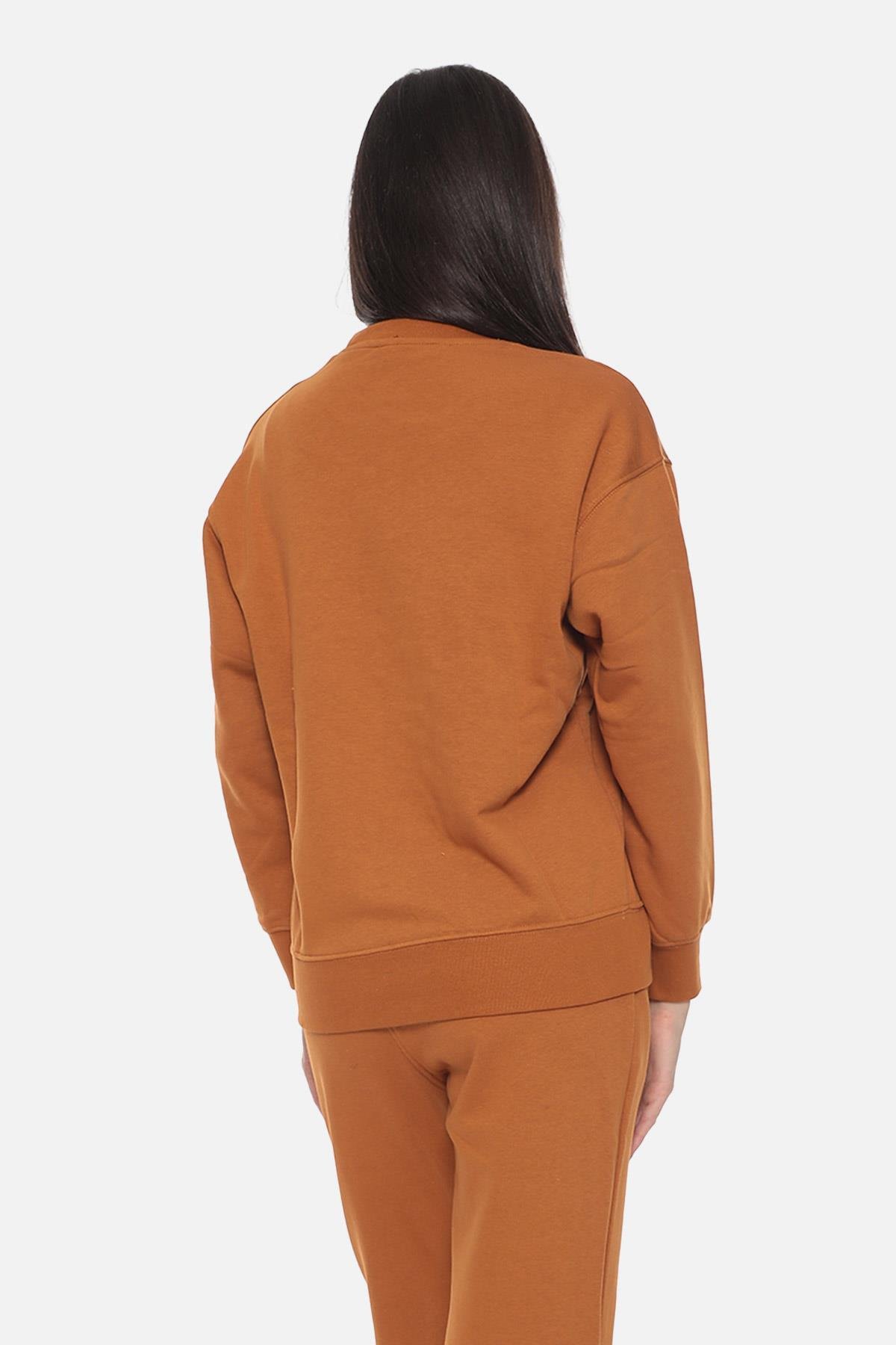 Mısırlı Kadın Üç İplik Oversize Bisiklet Yaka Tobacco Sweatshirt
