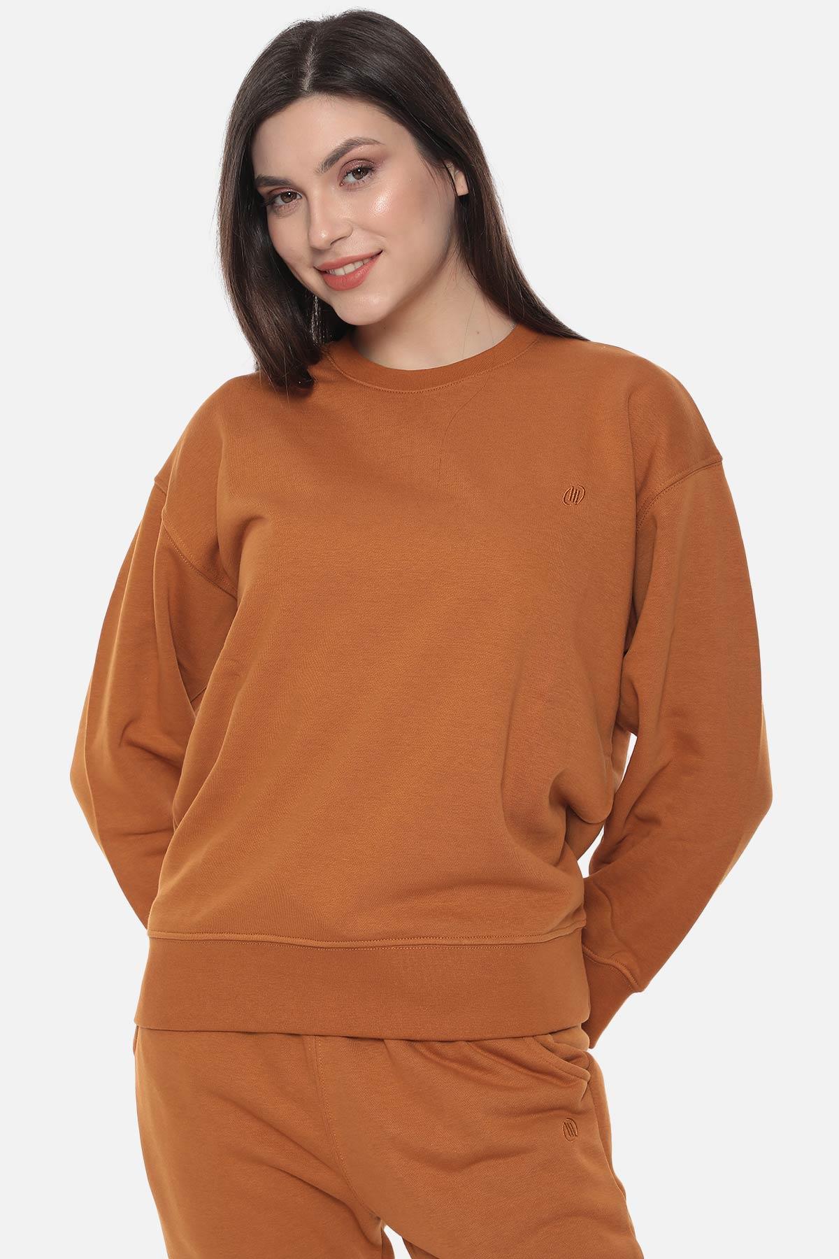 Mısırlı Kadın Üç İplik Oversize Bisiklet Yaka Tobacco Sweatshirt