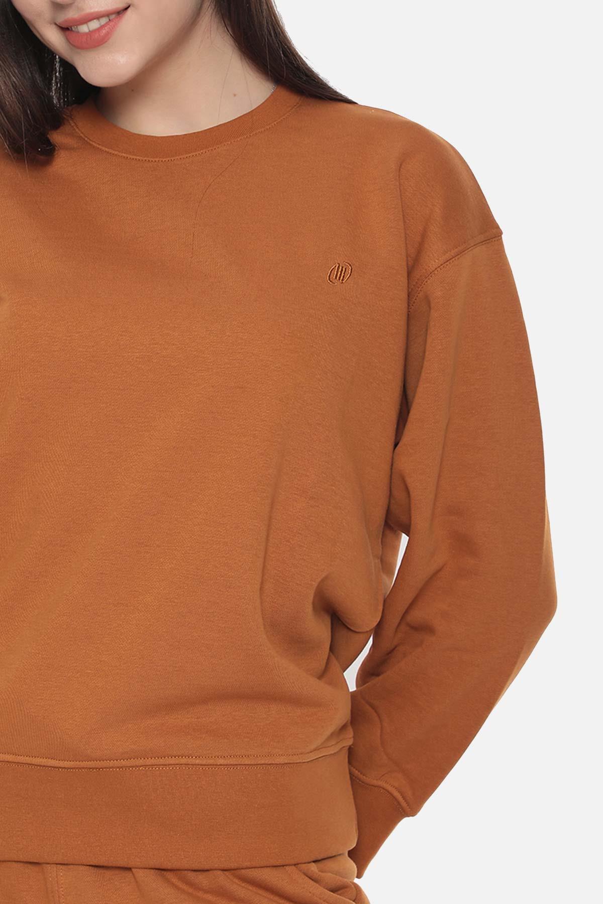 Mısırlı Kadın Üç İplik Oversize Bisiklet Yaka Tobacco Sweatshirt