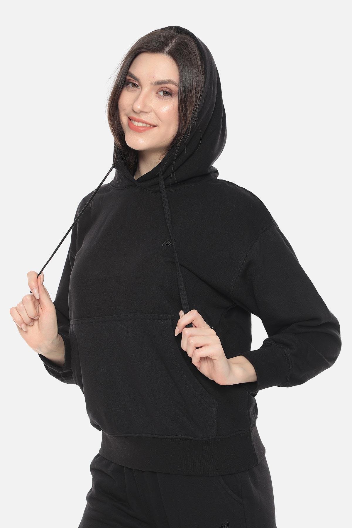 Mısırlı Kadın Üç İplik Oversize Kapüşonlu Siyah Sweatshirt M KOH 2S