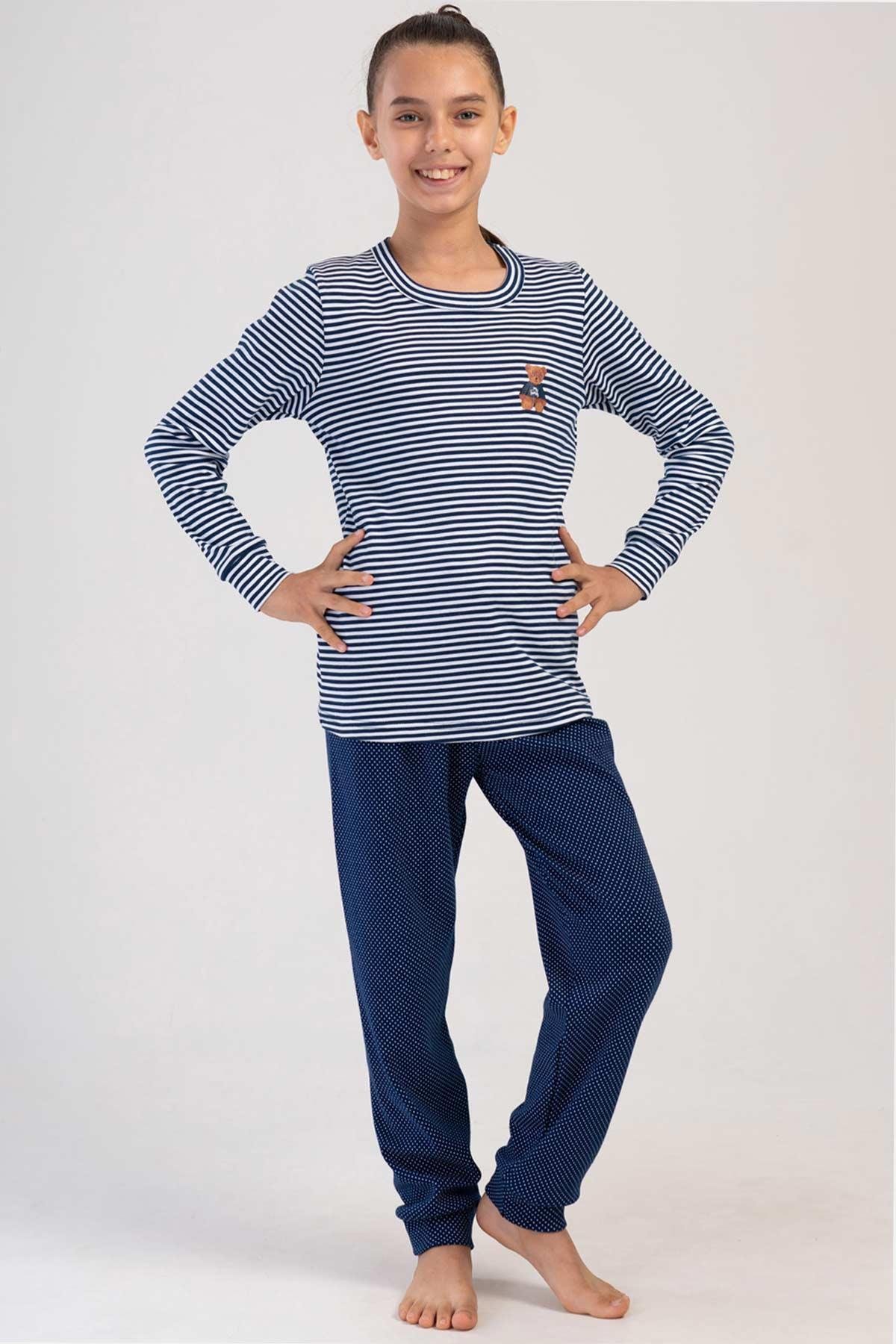 Mısırlı Kız Çocuk Pamuklu Uzun Kollu İndigo Pijama Takımı