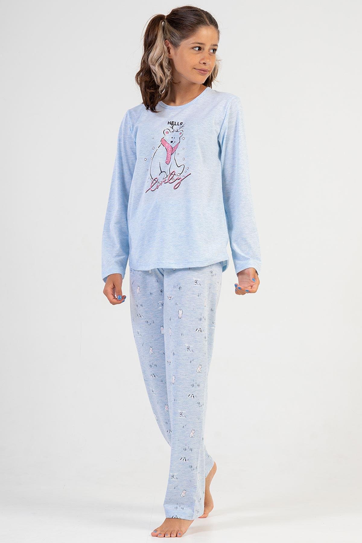 Mısırlı Kız Çocuk Pamuklu Uzun Kollu Mavi Pijama Takımı