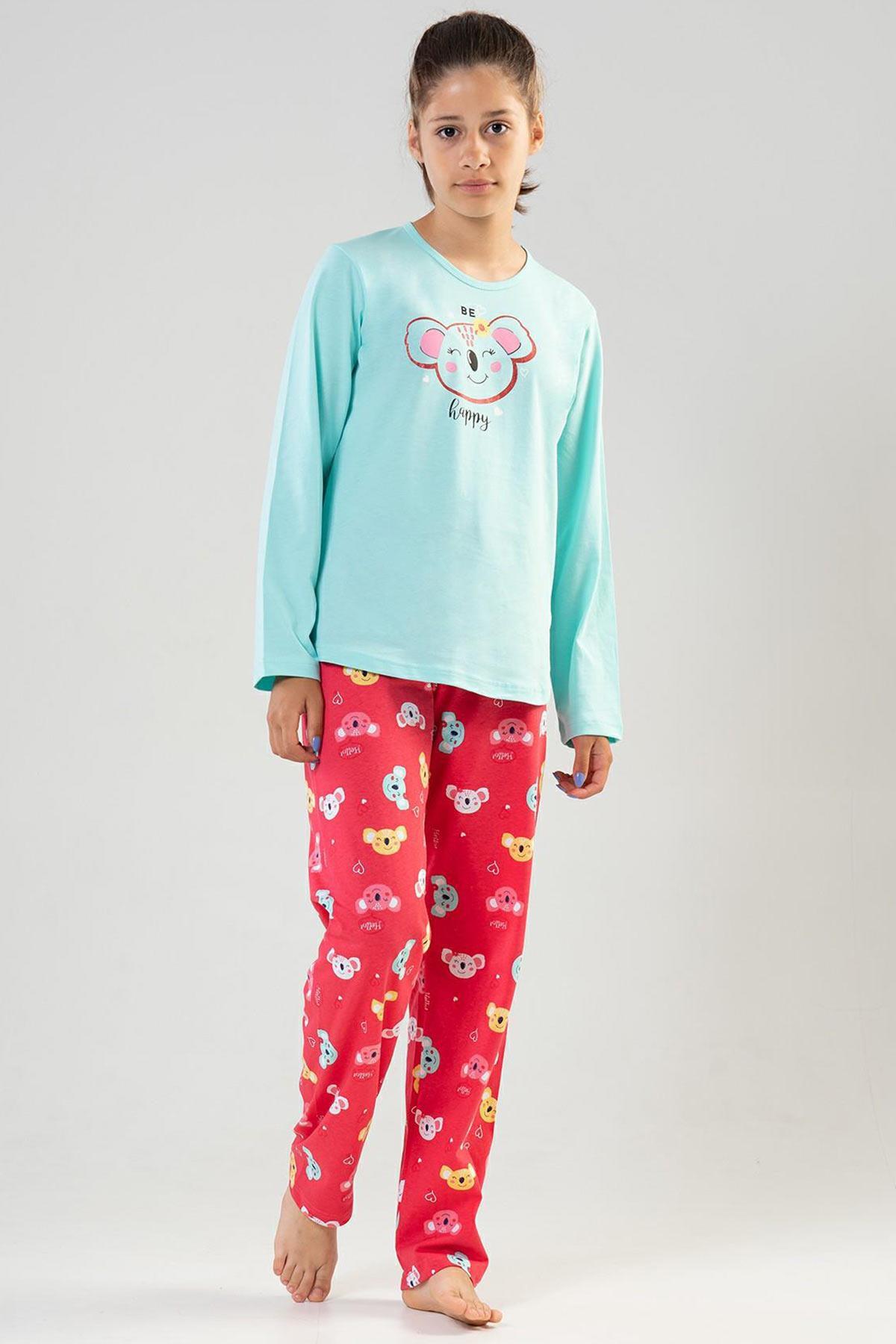 Mısırlı Kız Çocuk Pamuklu Uzun Kollu Mint Pijama Takımı