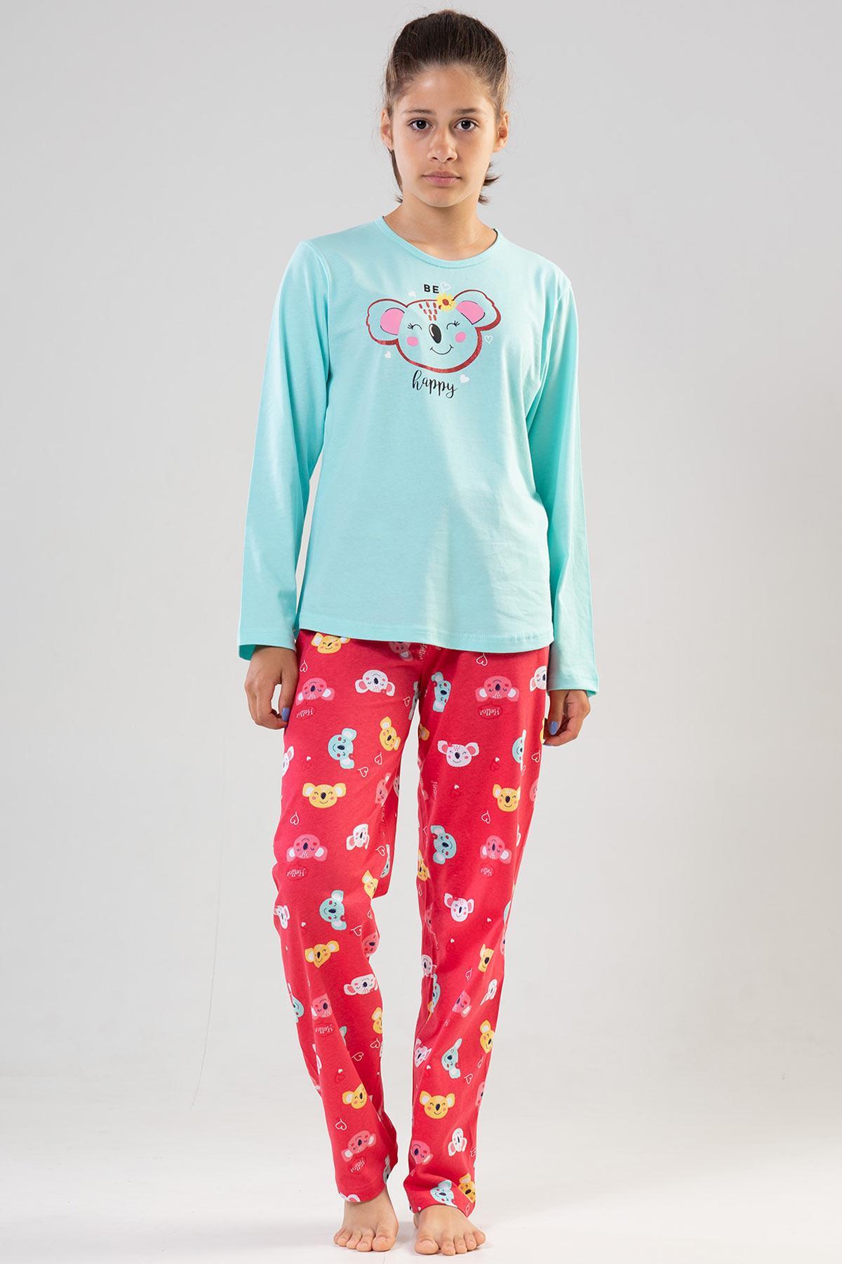 Mısırlı Kız Çocuk Pamuklu Uzun Kollu Mint Pijama Takımı