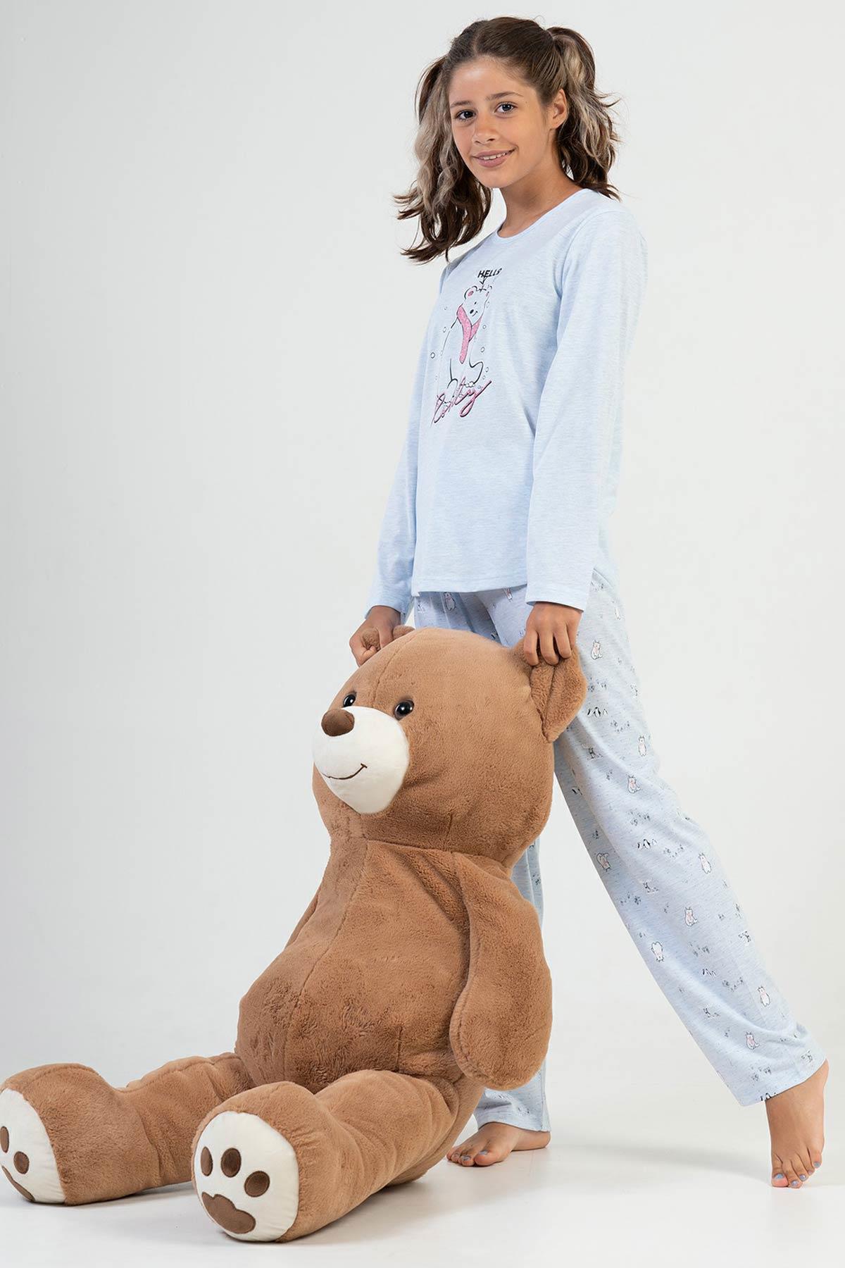 Mısırlı Kız Çocuk Pamuklu Uzun Kollu Mavi Pijama Takımı