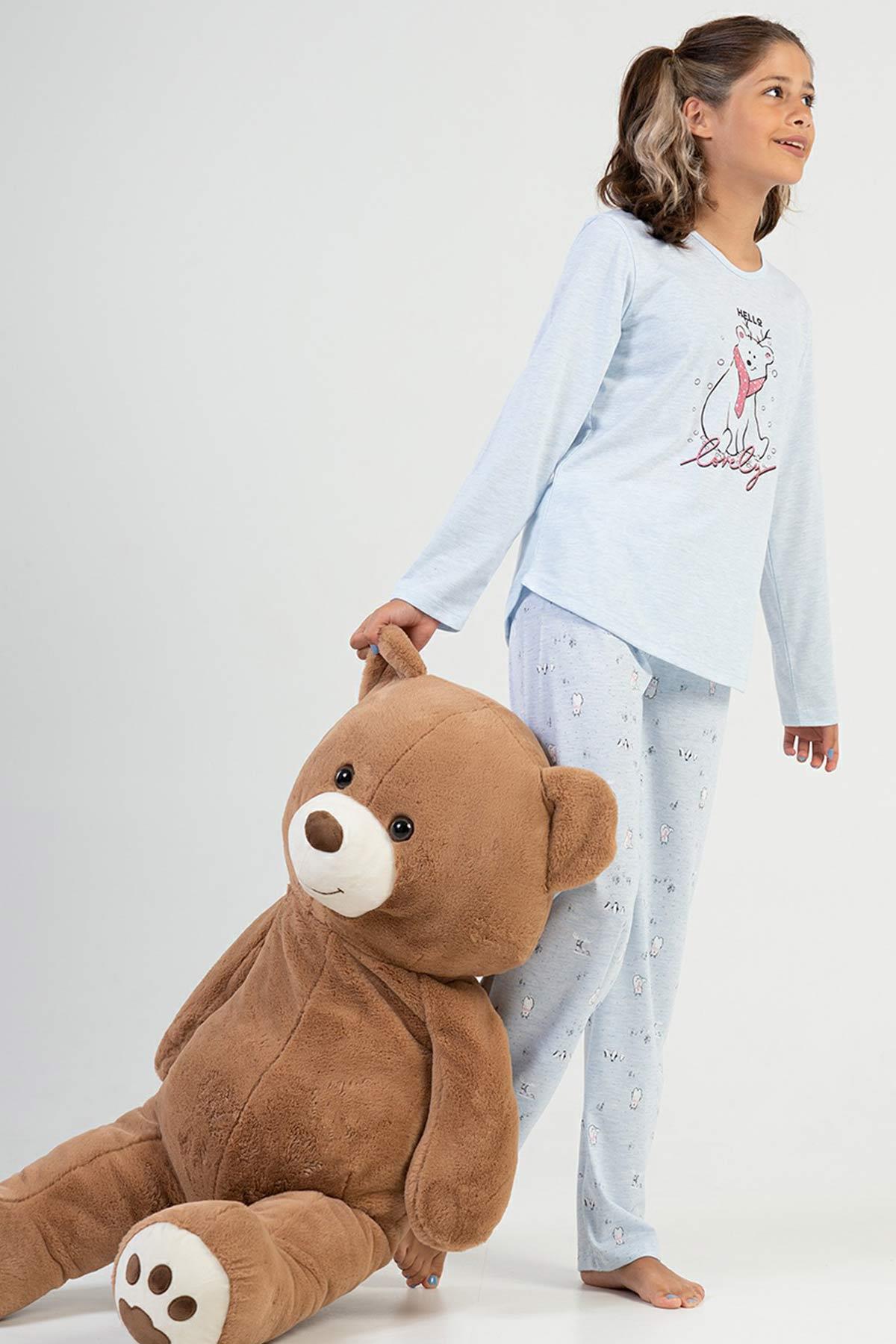 Mısırlı Kız Çocuk Pamuklu Uzun Kollu Mavi Pijama Takımı