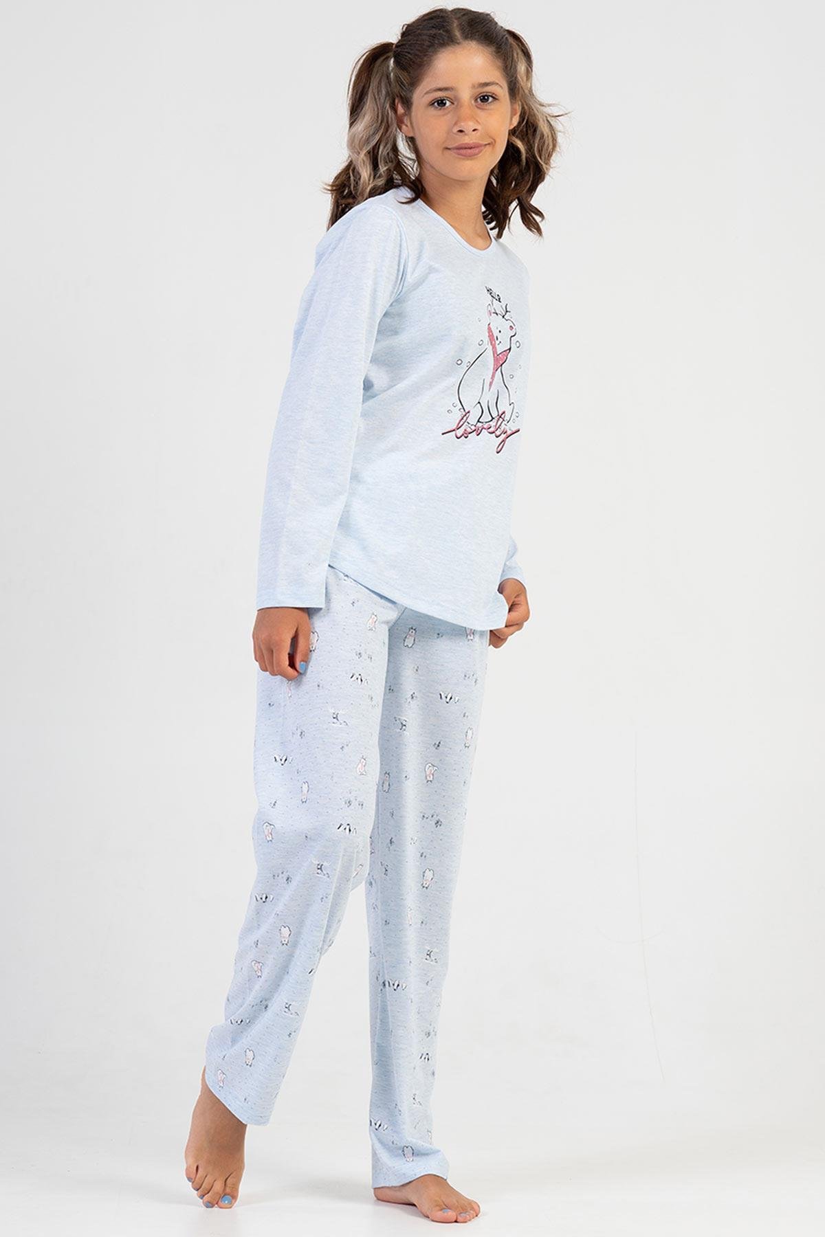 Mısırlı Kız Çocuk Pamuklu Uzun Kollu Mavi Pijama Takımı
