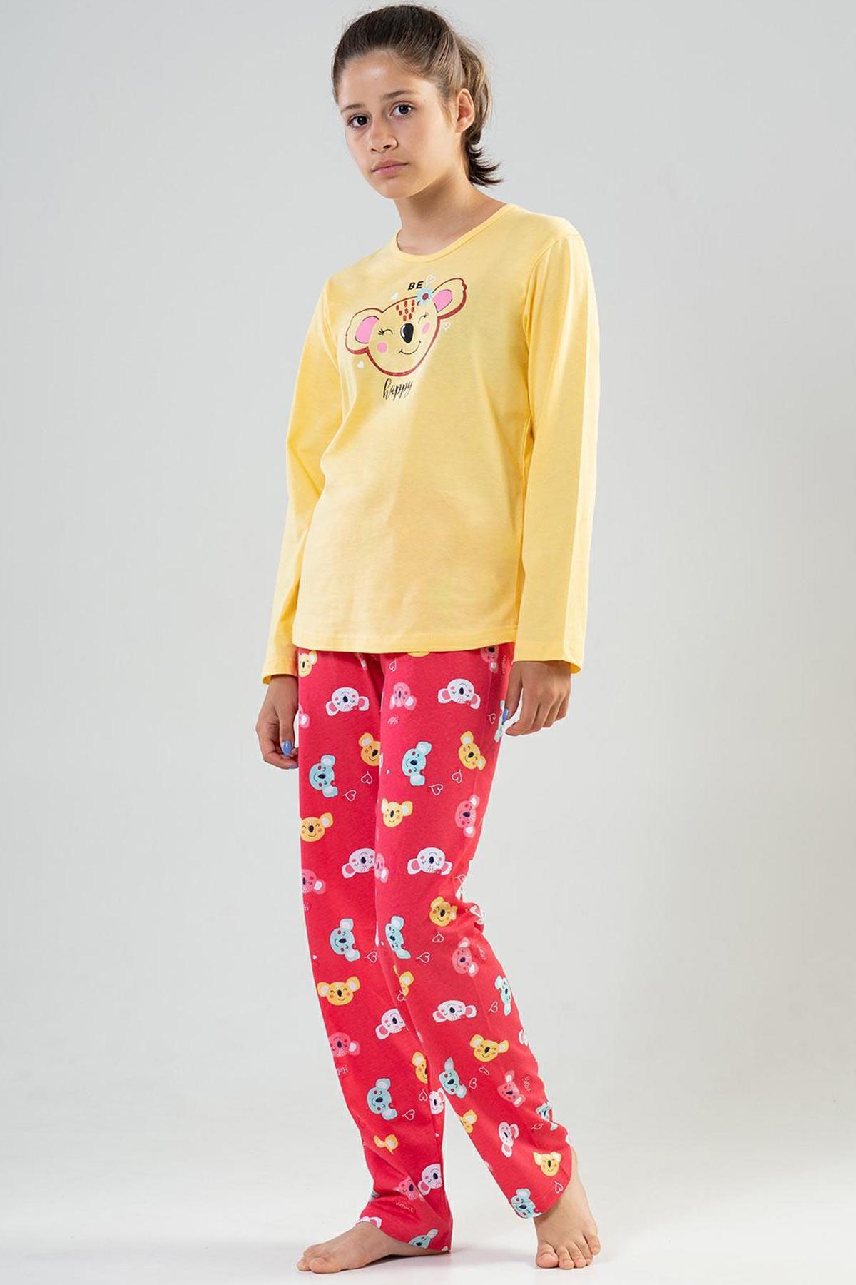 Mısırlı Kız Çocuk Pamuklu Uzun Kollu Sarı Pijama Takımı