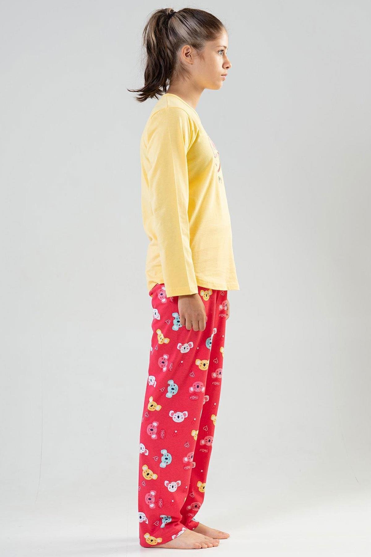 Mısırlı Kız Çocuk Pamuklu Uzun Kollu Sarı Pijama Takımı