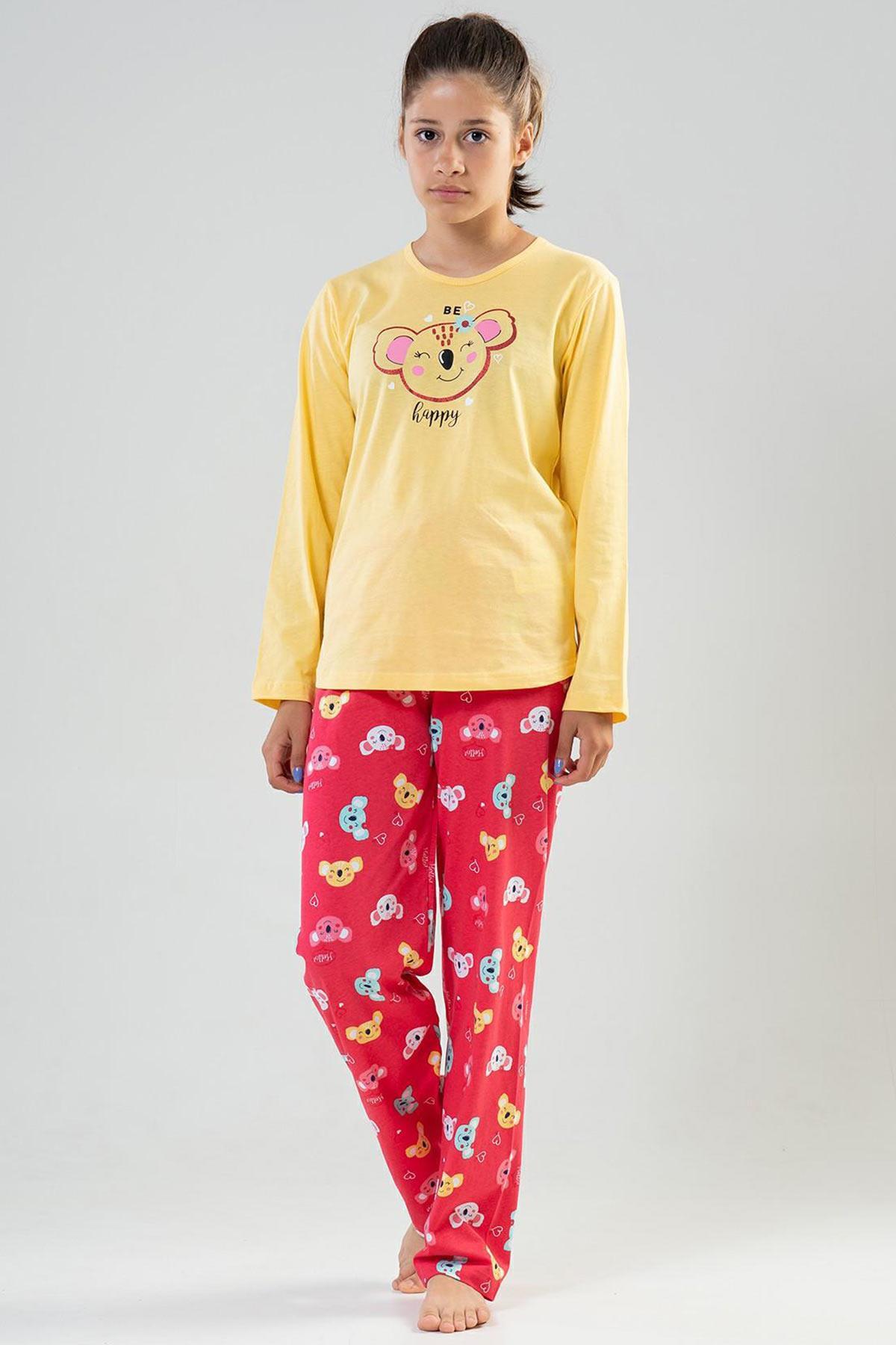 Mısırlı Kız Çocuk Pamuklu Uzun Kollu Sarı Pijama Takımı