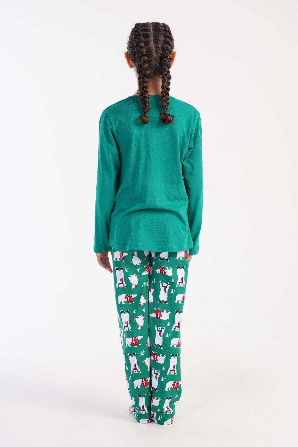 Mısırlı Kız Çocuk Pamuklu Uzun Kollu Yeşil Pijama Takımı