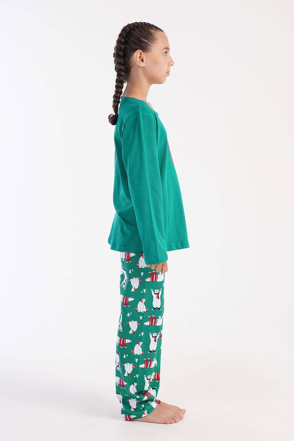 Mısırlı Kız Çocuk Pamuklu Uzun Kollu Yeşil Pijama Takımı