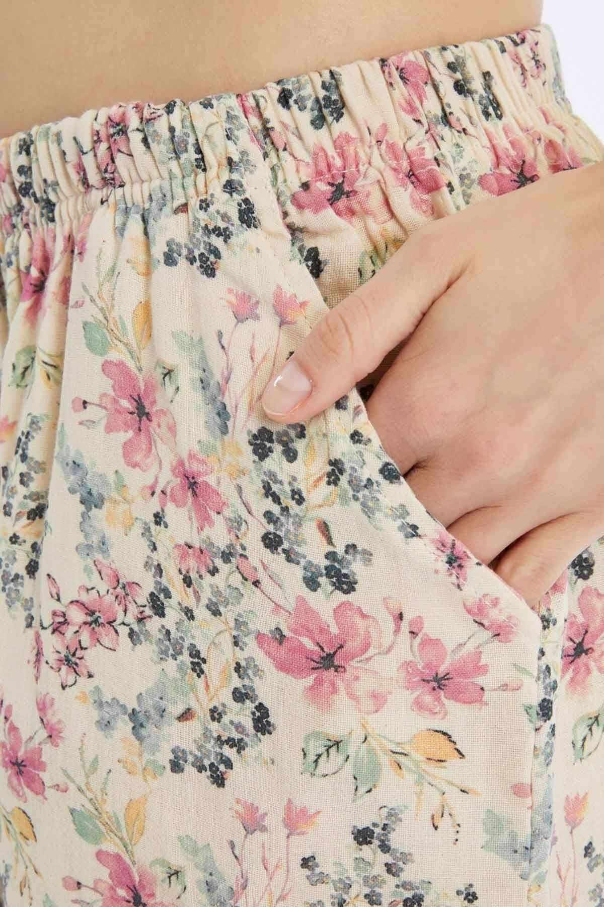 Mısırlı Pamuklu Müslin Pembe Çiçekli Şort - TM03A