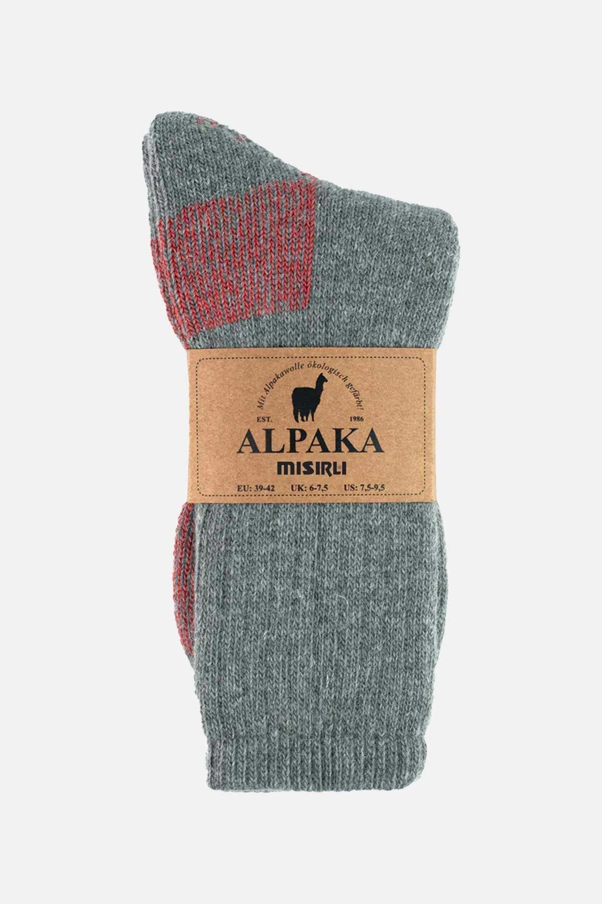 Mısırlı Unisex Alpaka Yünü Havlu Kışlık Gri/Kırmızı Soket Çorap   M 6005 GK