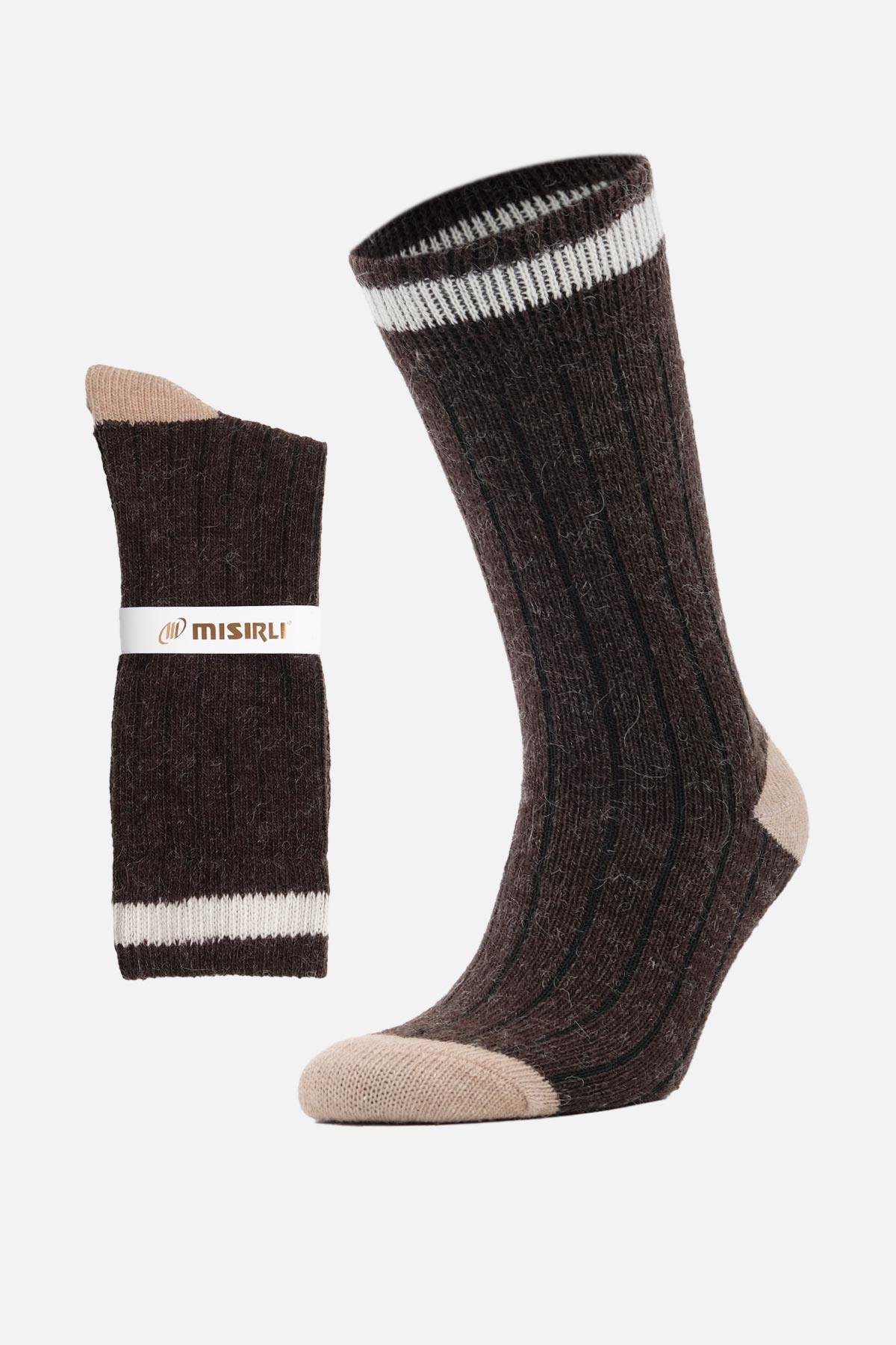 Mısırlı Unisex Alpaka Yünü Kışlık Çemberli Tekli Kahverengi Soket Çorap - M-3093-K