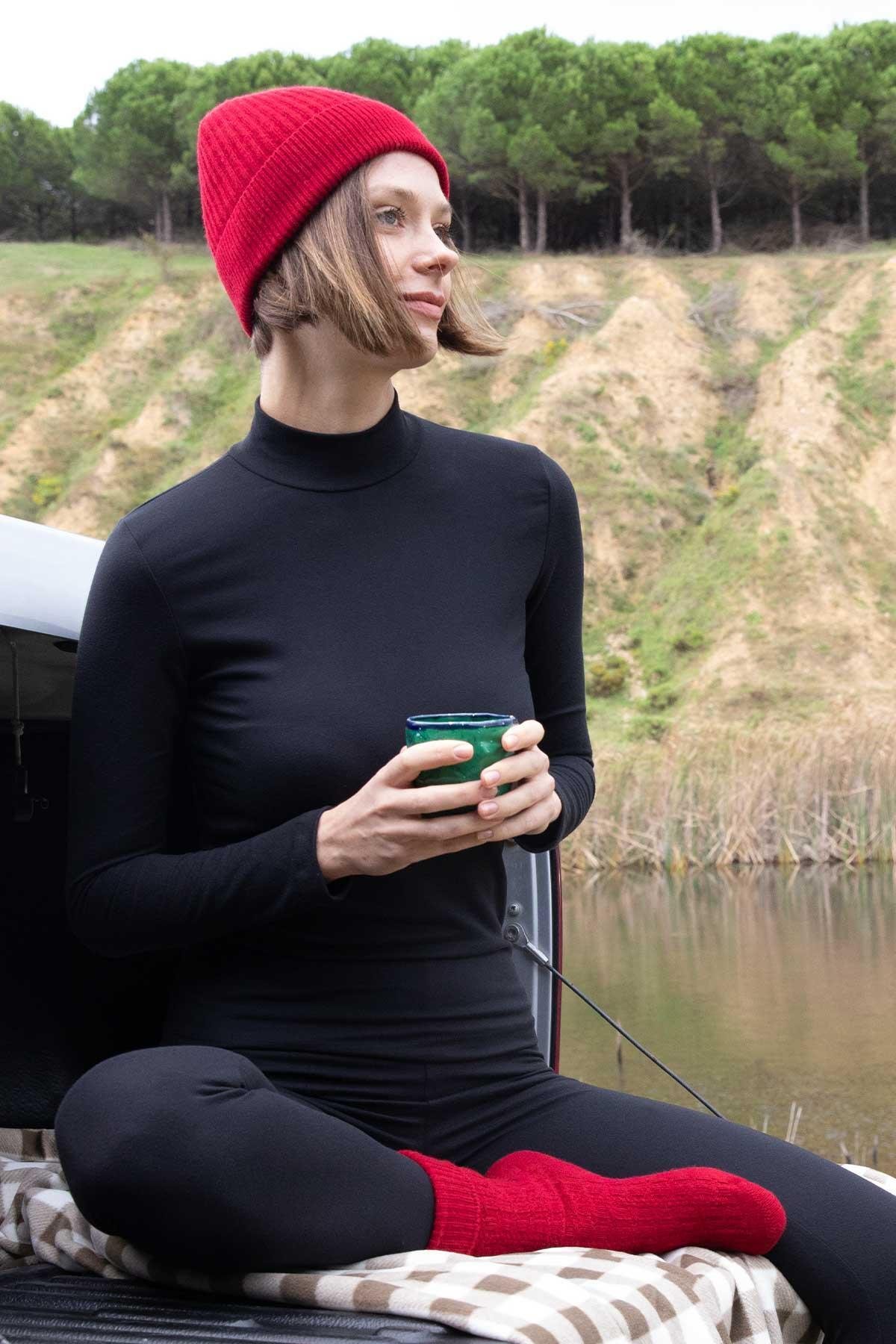 Mısırlı Unisex Kuzu Yünü (Lambswool) Katlamalı Kırmızı Bere