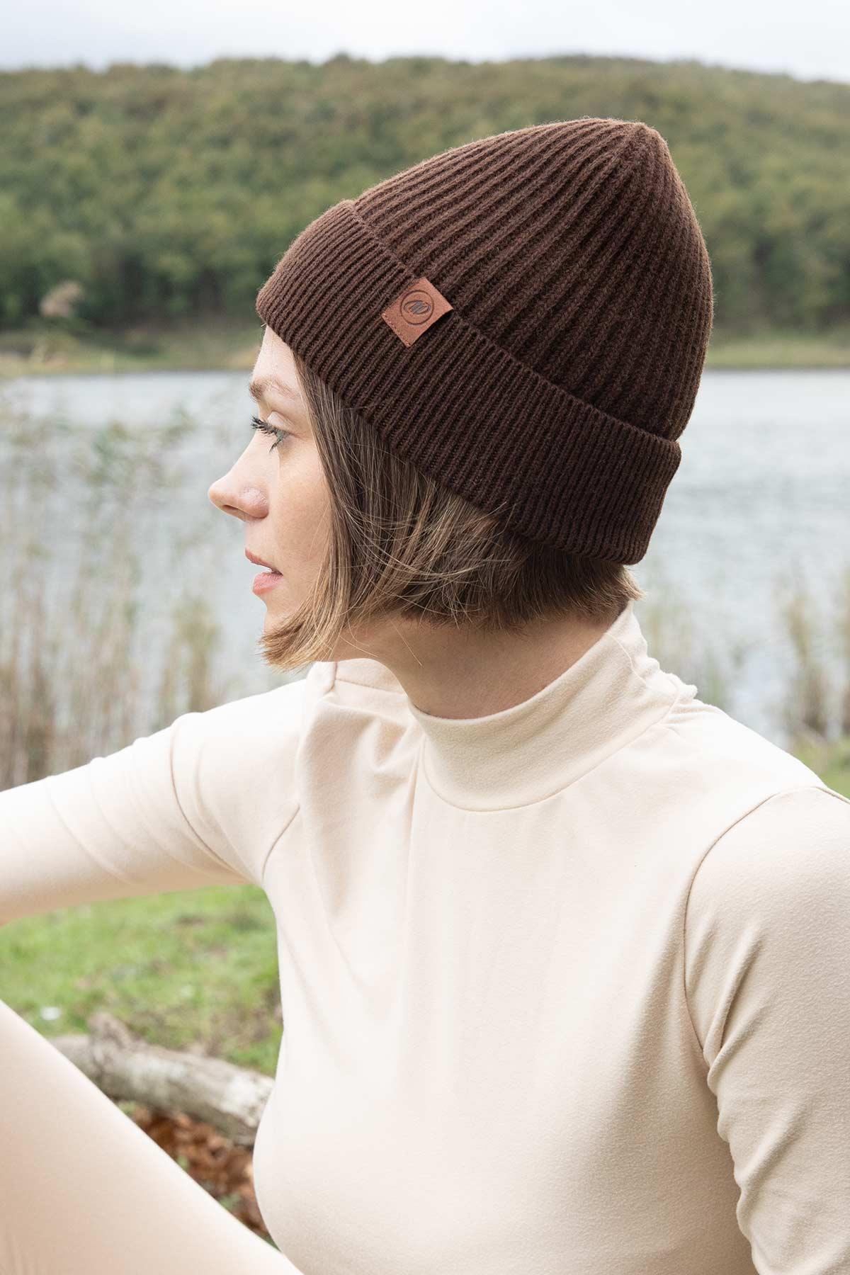 Mısırlı Unisex Kuzu Yünü (Lambswool) Katlamalı Kahverengi Bere