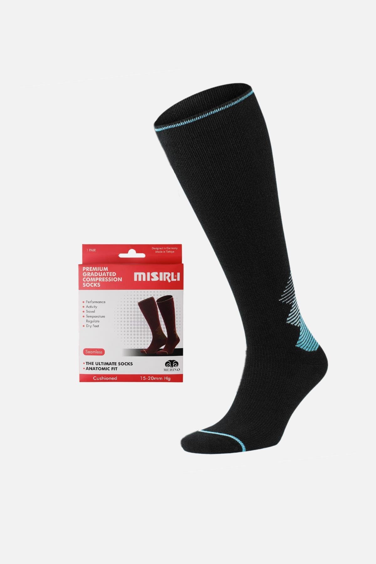 Mısırlı Unisex Merino Yünü Kışlık Tekli Siyah/Turkuaz Sıkılaştırıcı Çorap