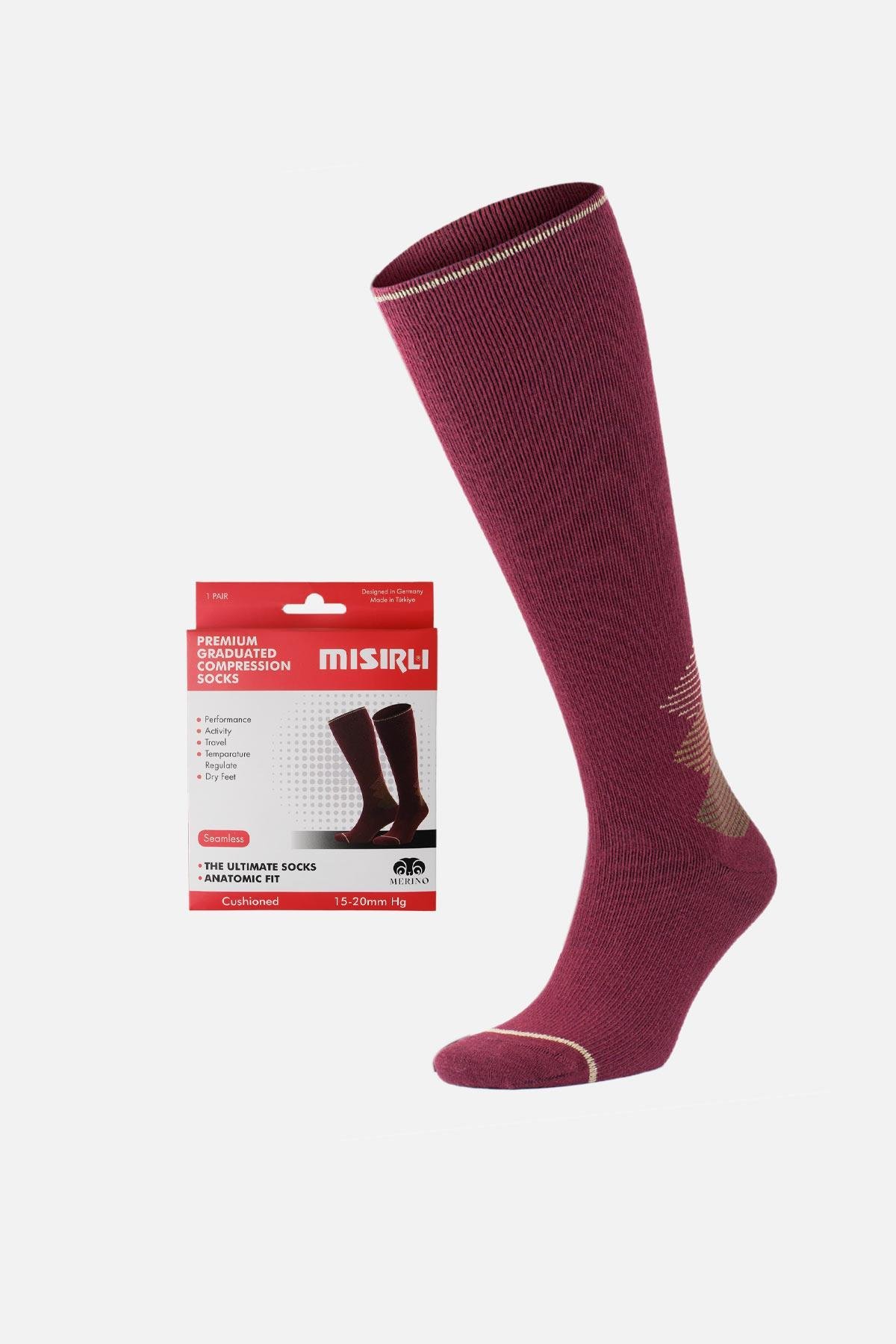 Mısırlı Unisex Merino Yünü Kışlık Tekli Bordo/Bej Sıkılaştırıcı Çorap
