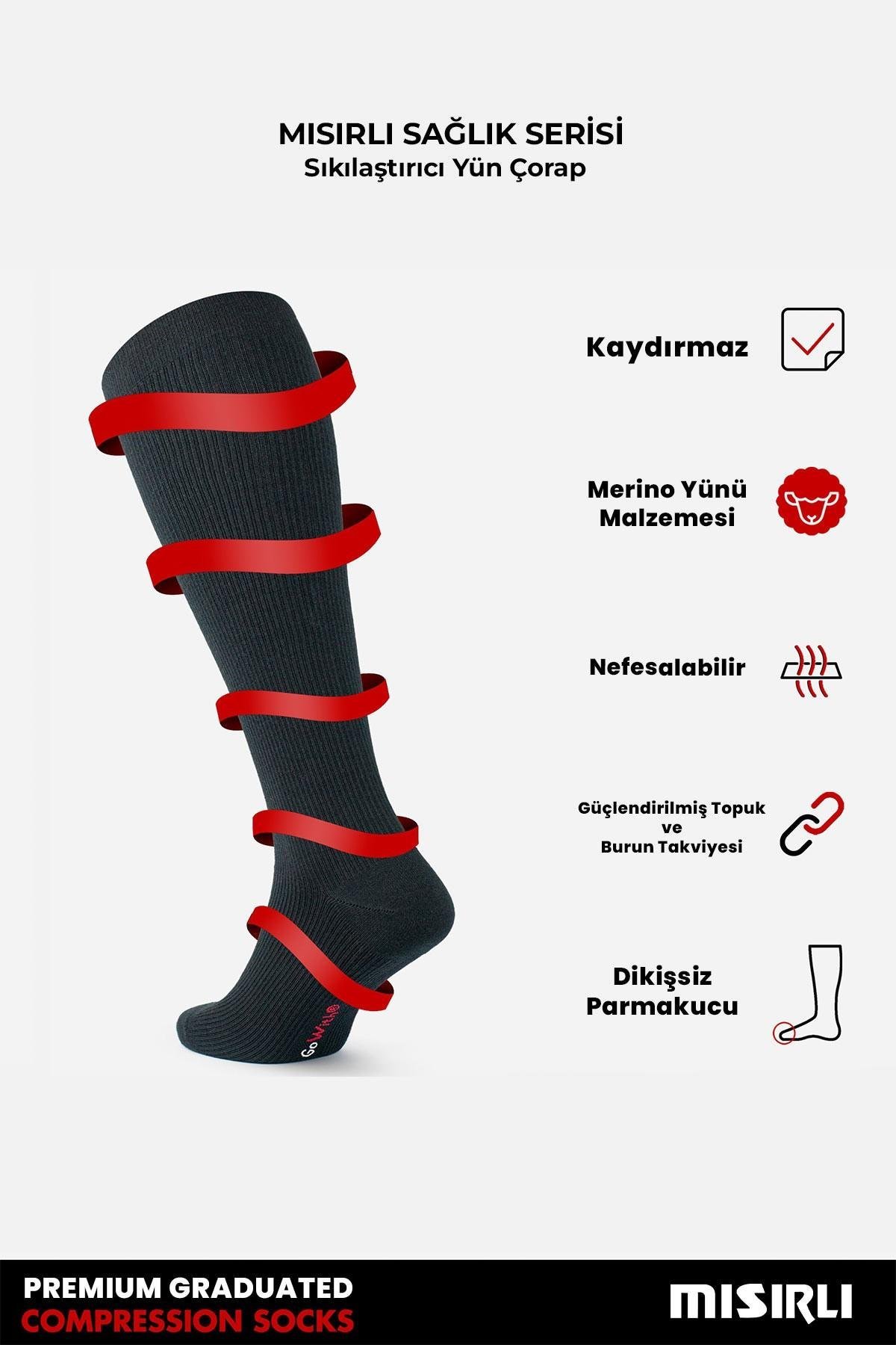 Mısırlı Unisex Merino Yünü Kışlık Tekli Siyah Soket Compression Çorap - M COMP-S