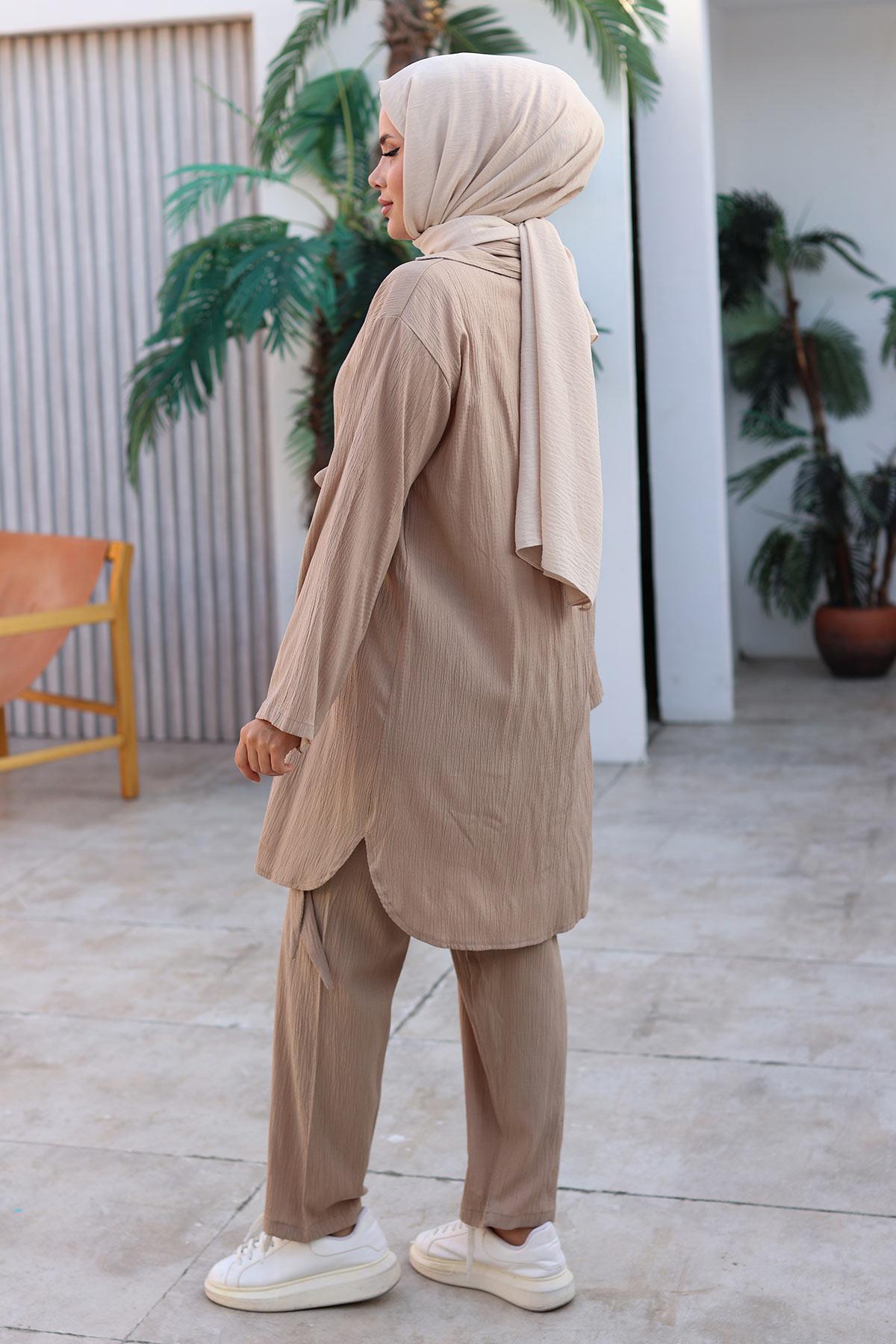 Bağlama Detaylı Kimono Takım Vizon 1225