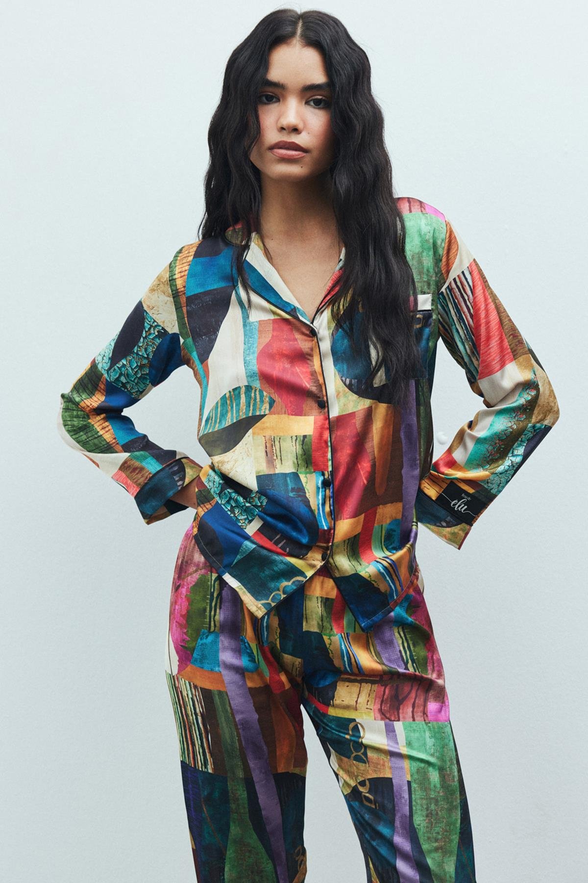 Amour Coloré Desenli Uzun Saten Pijama Takımı