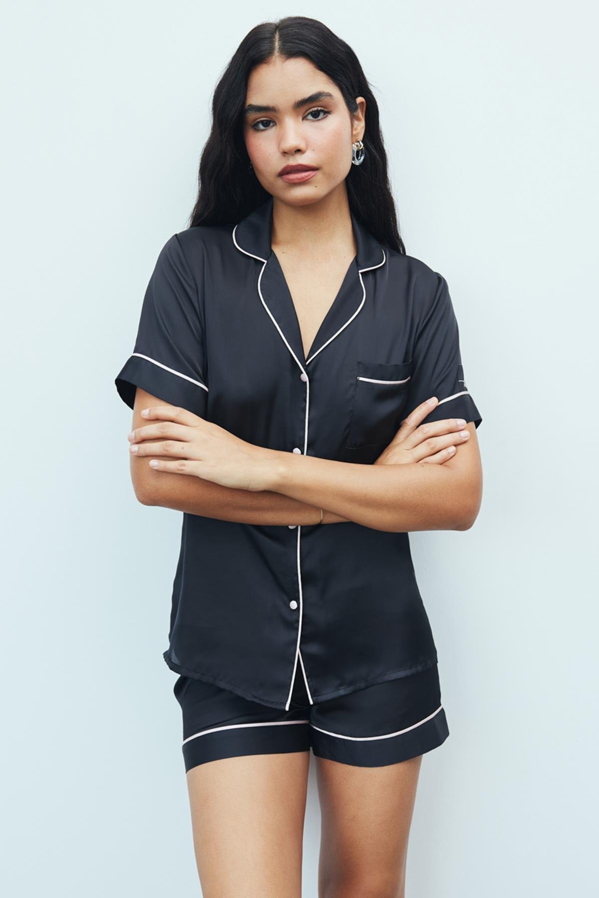 Amoureux Siyah Kısa Saten Pijama Takımı