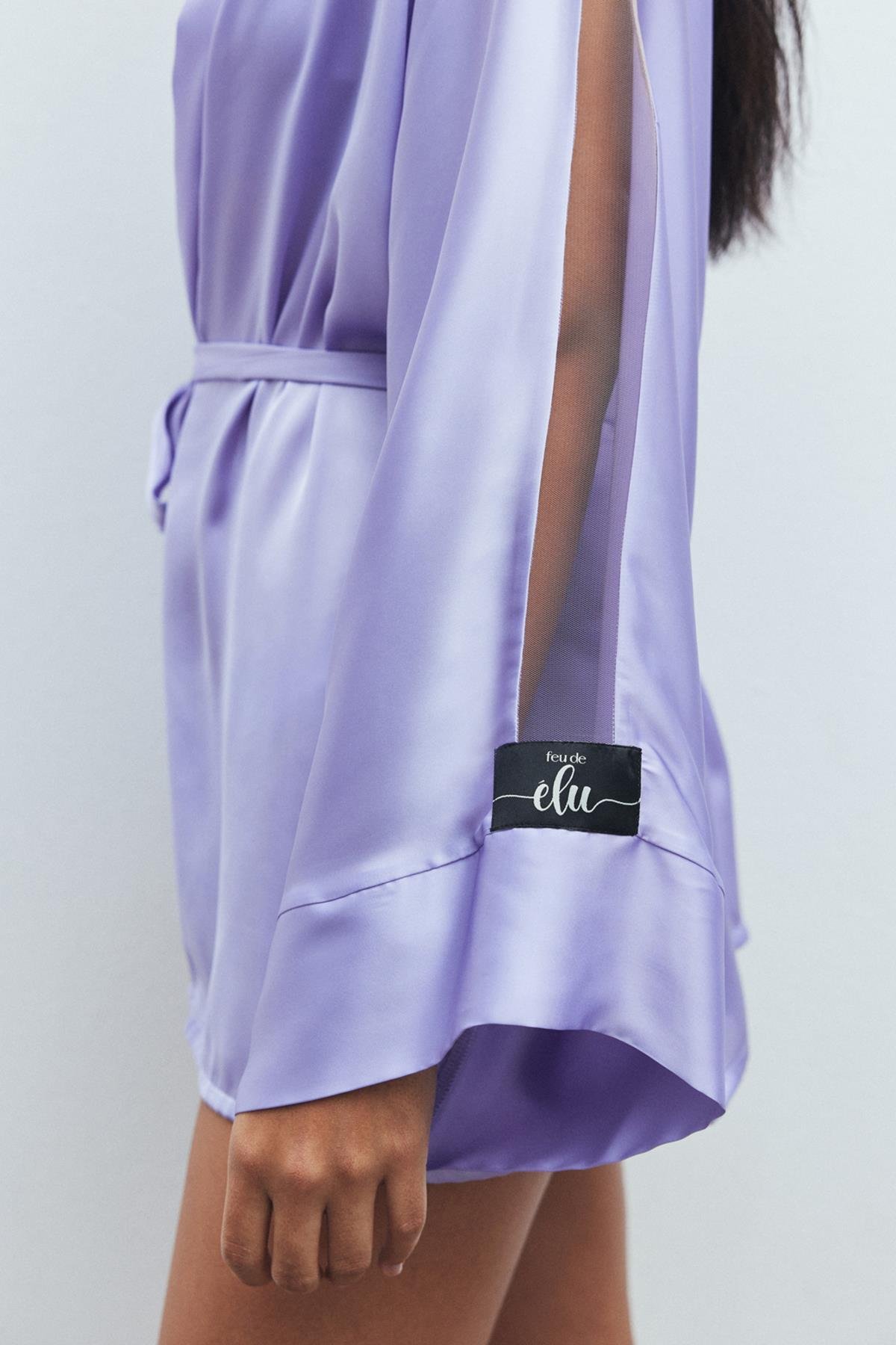 Flamme Tulle Detailed Satin Lilac Short Morning Gown / Kimono