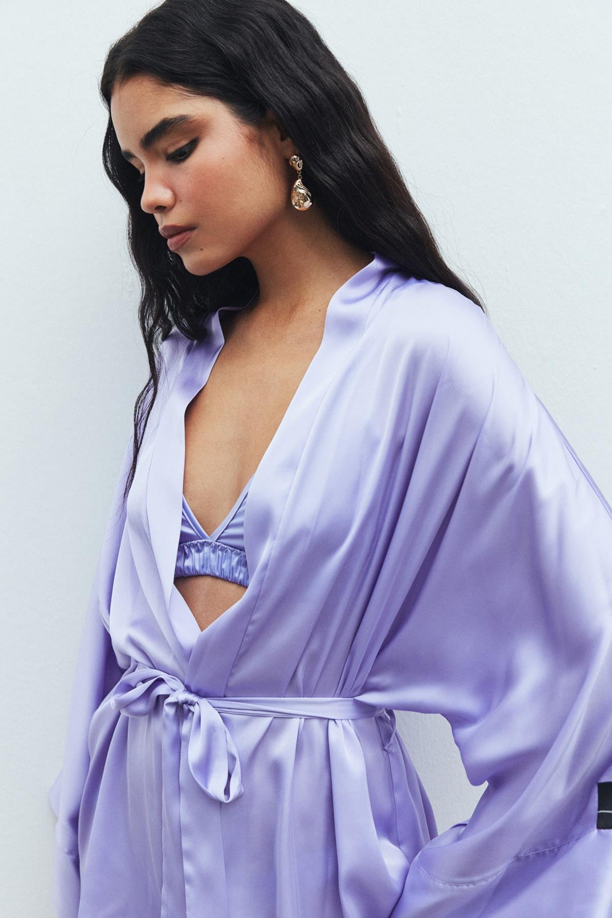 Flamme Tulle Detailed Satin Lilac Short Morning Gown / Kimono