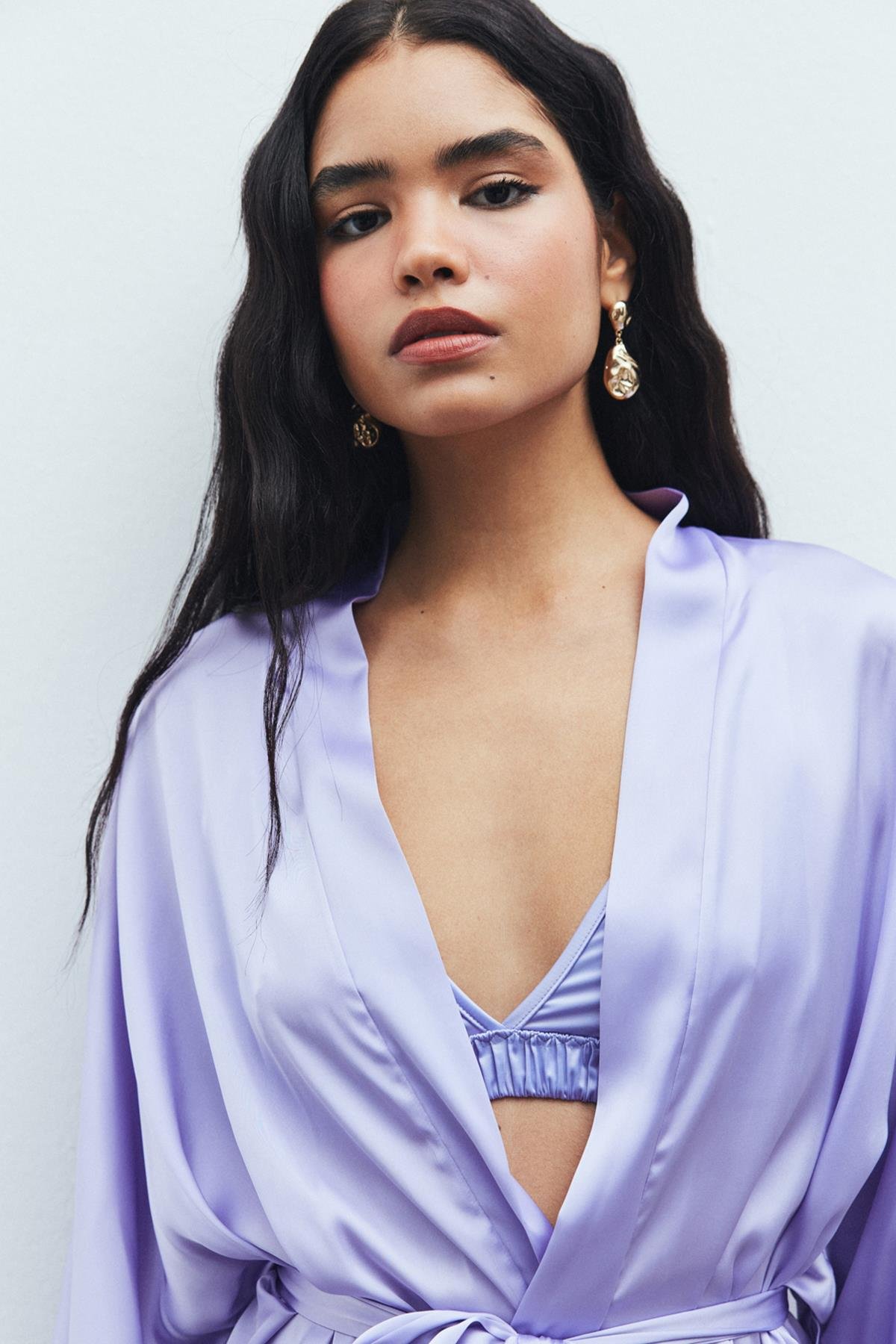 Flamme Tulle Detailed Satin Lilac Short Morning Gown / Kimono