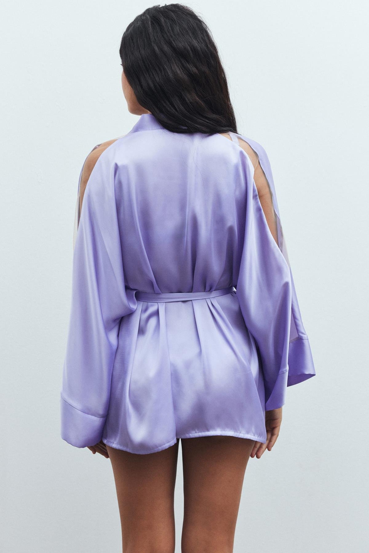 Flamme Tulle Detailed Satin Lilac Short Morning Gown / Kimono