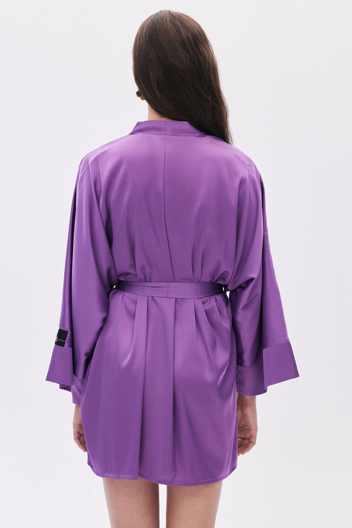 Fumée Saten Eflatun Kısa Sabahlık / Kimono
